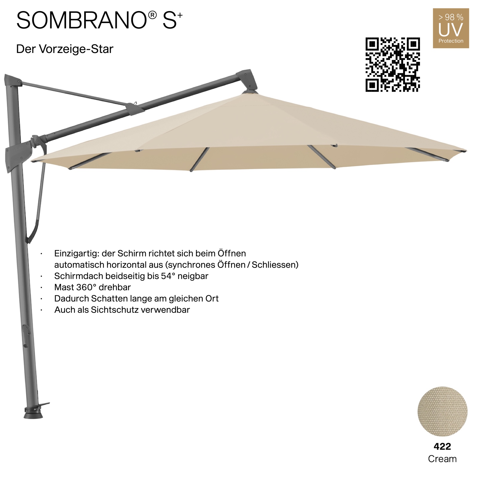 GLATZ Ampelschirm SOMBRANO® S+ rund ø 350 cm Freiarmschirm Farbe 422 Cream