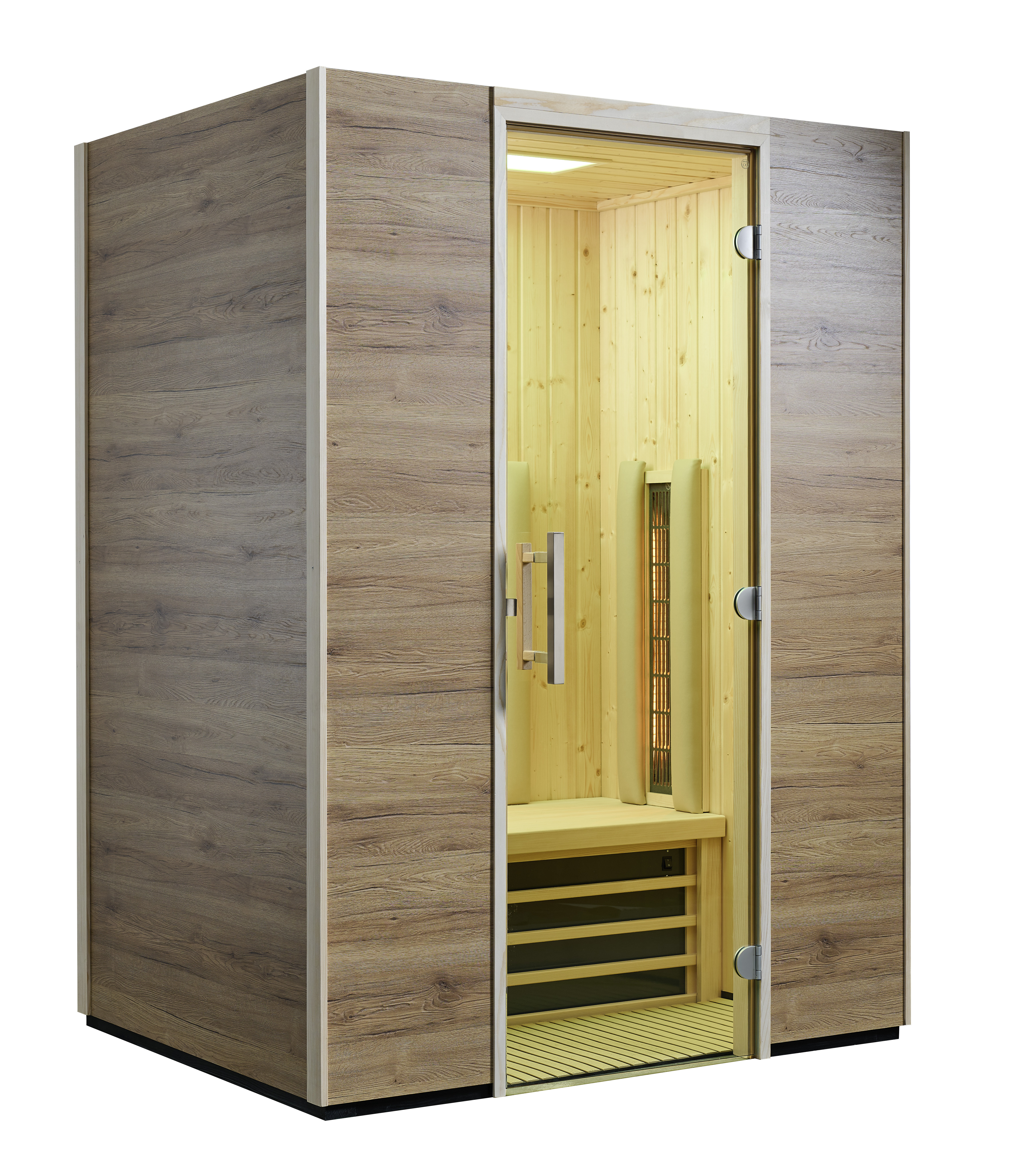 Infraworld Infrarotkabine TrioSol Basel 145 Eiche Dekor 145x115cm mit 2 ABC-Strahler Salzverdampfer
