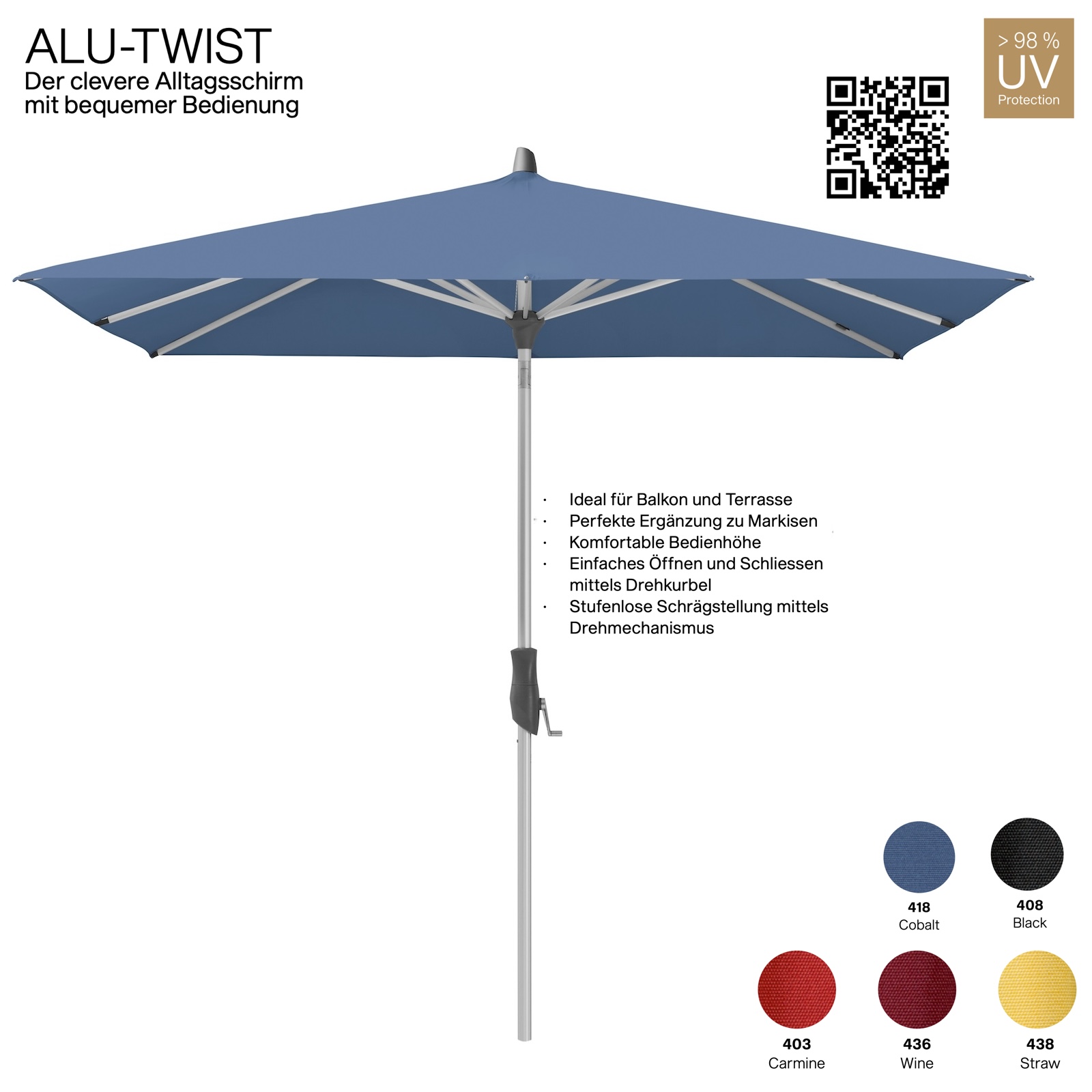 GLATZ Sonnenschirm ALU-TWIST quadratisch 240 x 240 cm Stoffqualität 4 in 5 Farben Mittelstock