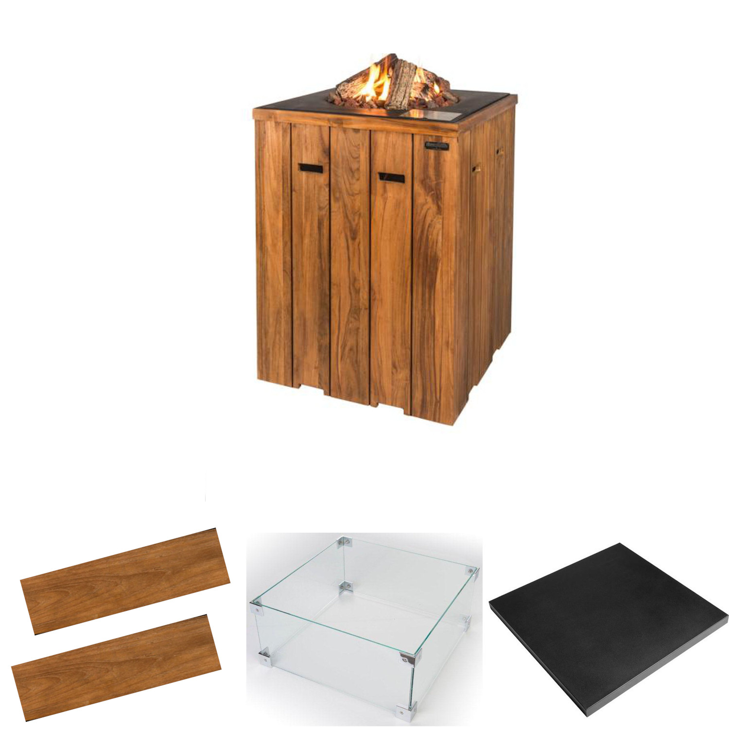 Happy Cocooning Mania Feuertisch Komplettset Stehtisch 19,5 kW quadratisch 76x76x100 cm Teakholz/schwarz