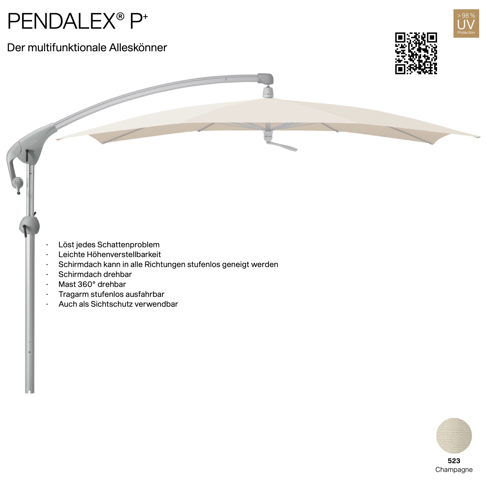 GLATZ Sonnenschirm PENDALEX® P+ rechteckig 285 x 230 cm Bezug 523 Champagne Stoffklasse 5 Freiarmschirm