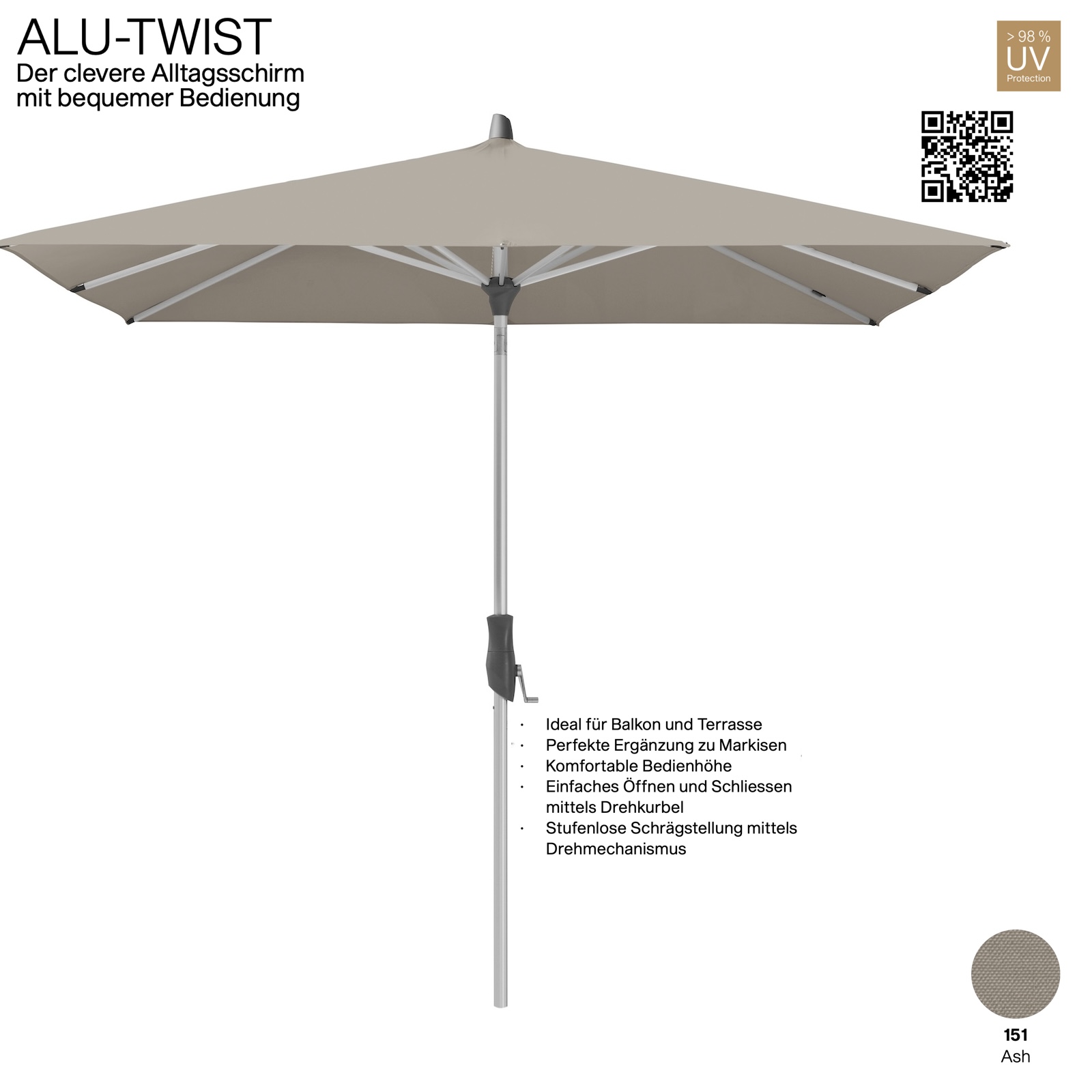 GLATZ Sonnenschirm ALU-TWIST quadratisch 240 x 240 cm Stoffqualität 2 Farbe 151 Ash Mittelstock