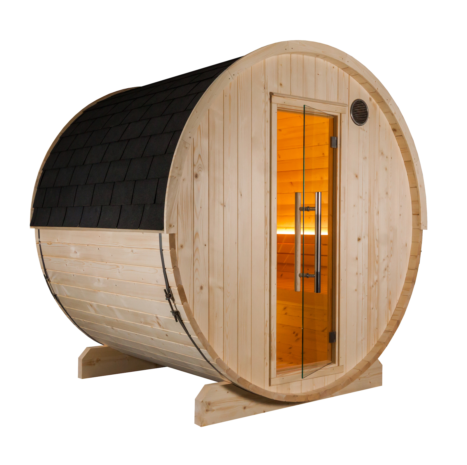 Harvia Kuusi 180 Fasssauna aus Fichte Gartensauna mit Dacheindeckung Ø 220 x 180 cm