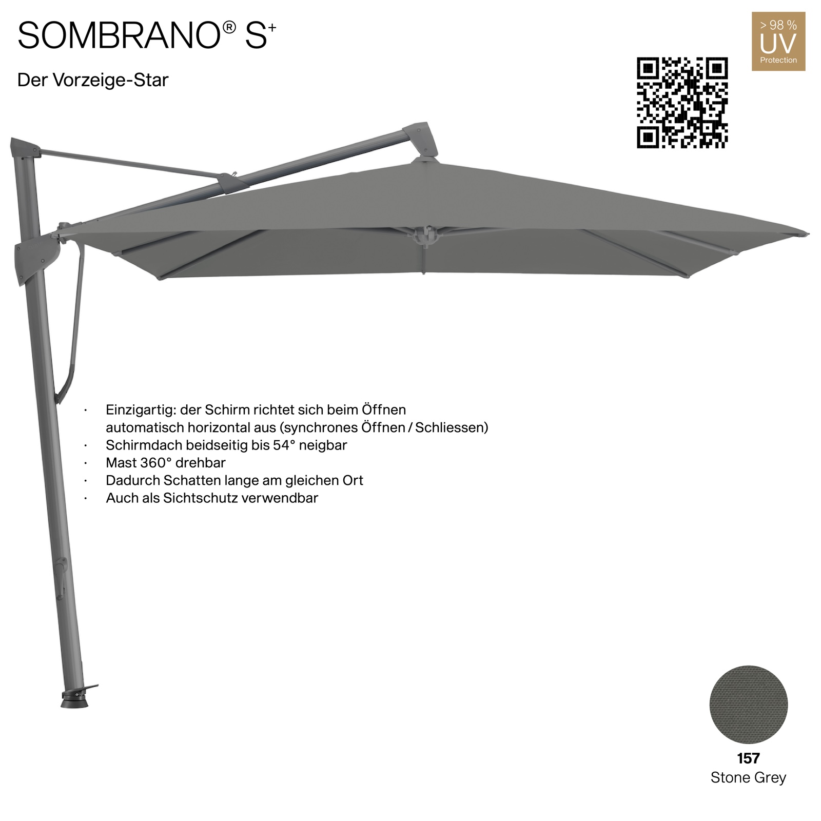 GLATZ Ampelschirm SOMBRANO® S+ quadratisch 300 x 300 cm Freiarmschirm Farbe 157 Stone Grey