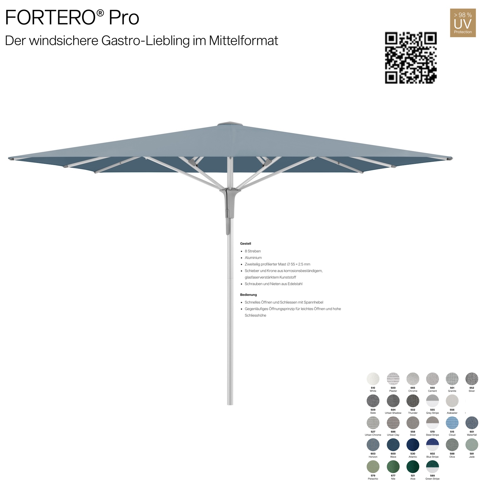 GLATZ Sonnenschirm FORTERO® Pro quadratisch 300 x 300 cm 100 % Polyacryl Mittelstock in 27 Farbvarianten