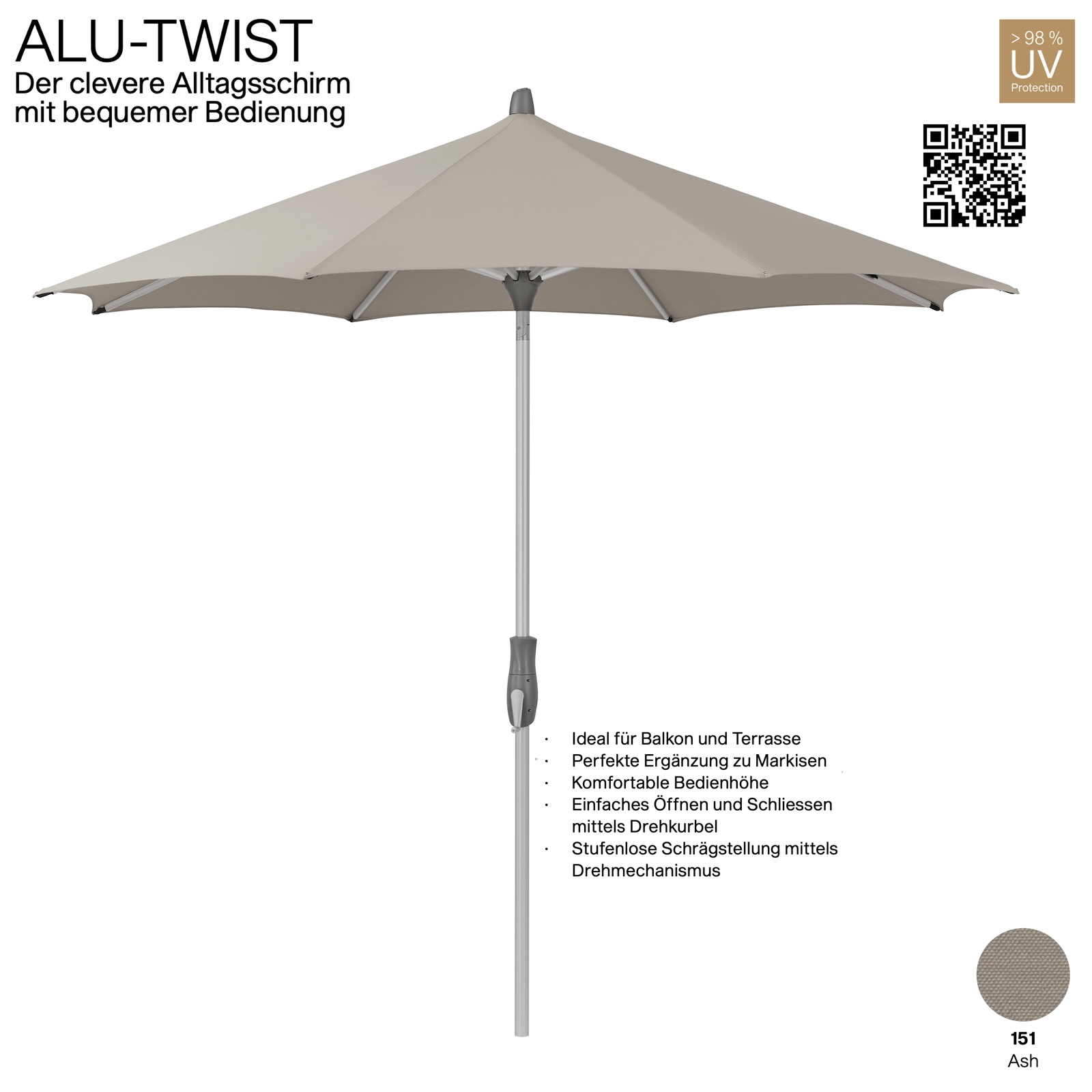 GLATZ Sonnenschirm ALU-TWIST rund ø 300 cm Stoffqualität 2 Farbe 151 Ash Mittelstock