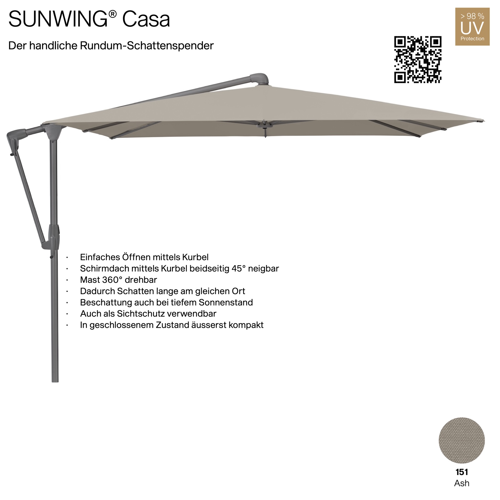 GLATZ Sonnenschirm SUNWING® CASA eckig 300 x 240 cm Gestell anthrazit Farbe 151 Ash Ampelschirm
