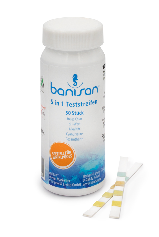 Banisan Teststreifen 50 Stück 5 in 1 für Chlor, pH, Gesamtalkalität, Cyanursäure und Gesamthärte