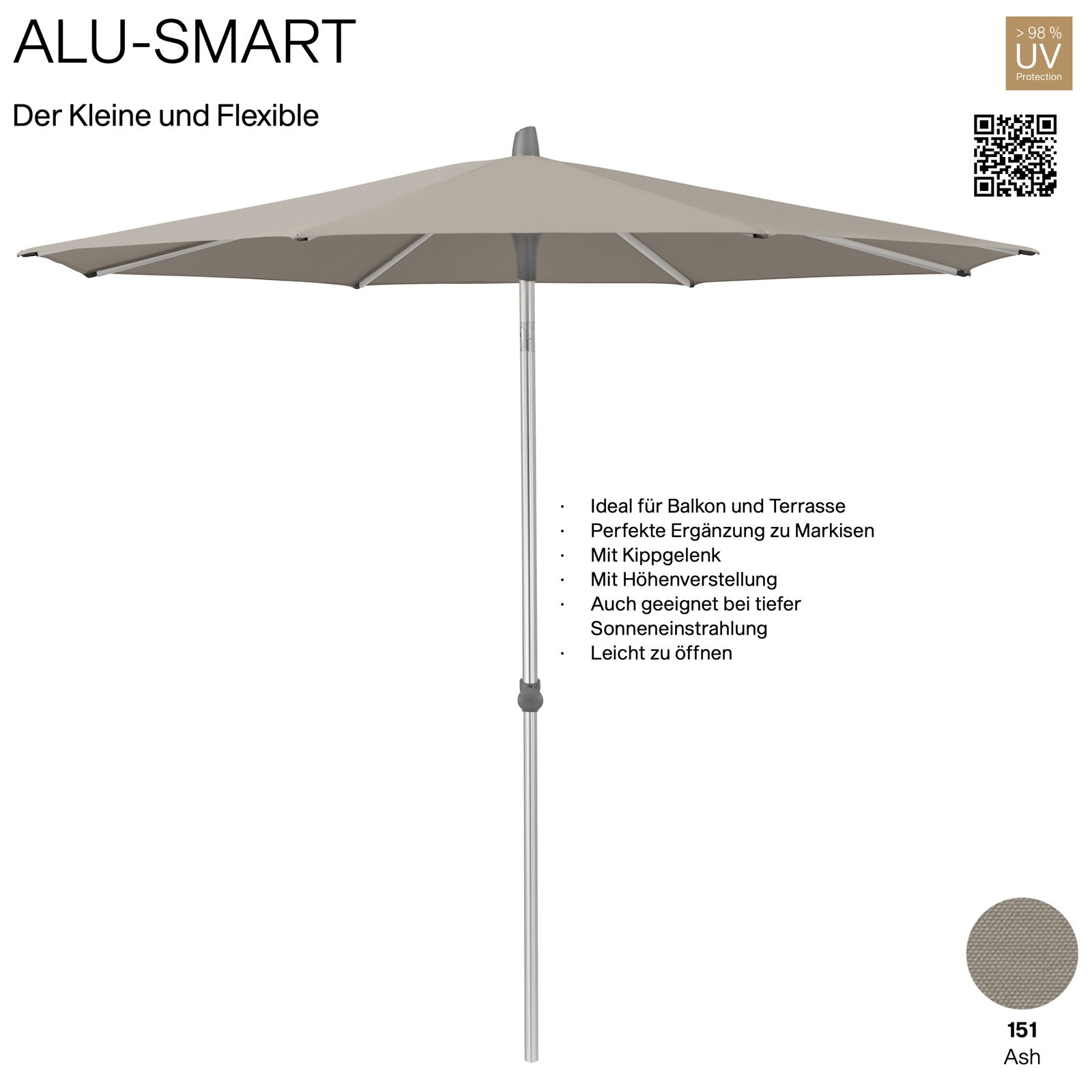 GLATZ Sonnenschirm ALU-SMART rund ø 250 cm Gestell natureloxiert Farbe 151 Ash Mittelstock