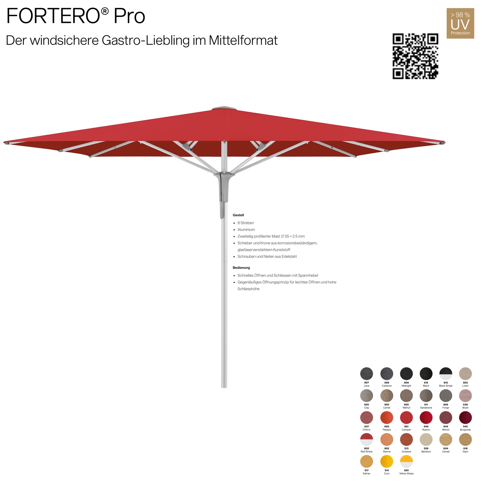 GLATZ Sonnenschirm FORTERO® Pro quadratisch 300 x 300 cm 100 % Polyacryl Mittelstock in 27 Farbvarianten