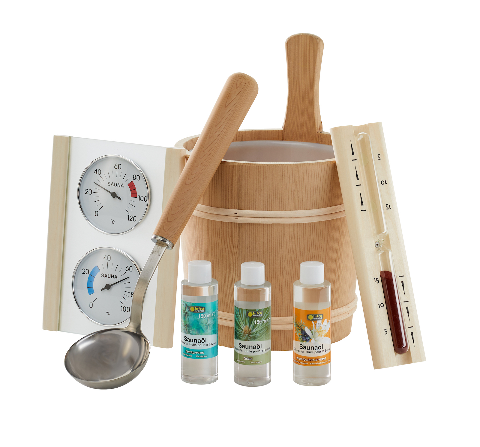 Infraworld Saunaset Unico 8 teilig Aufgusseimer Kelle Sanduhr Saunaöl S2305