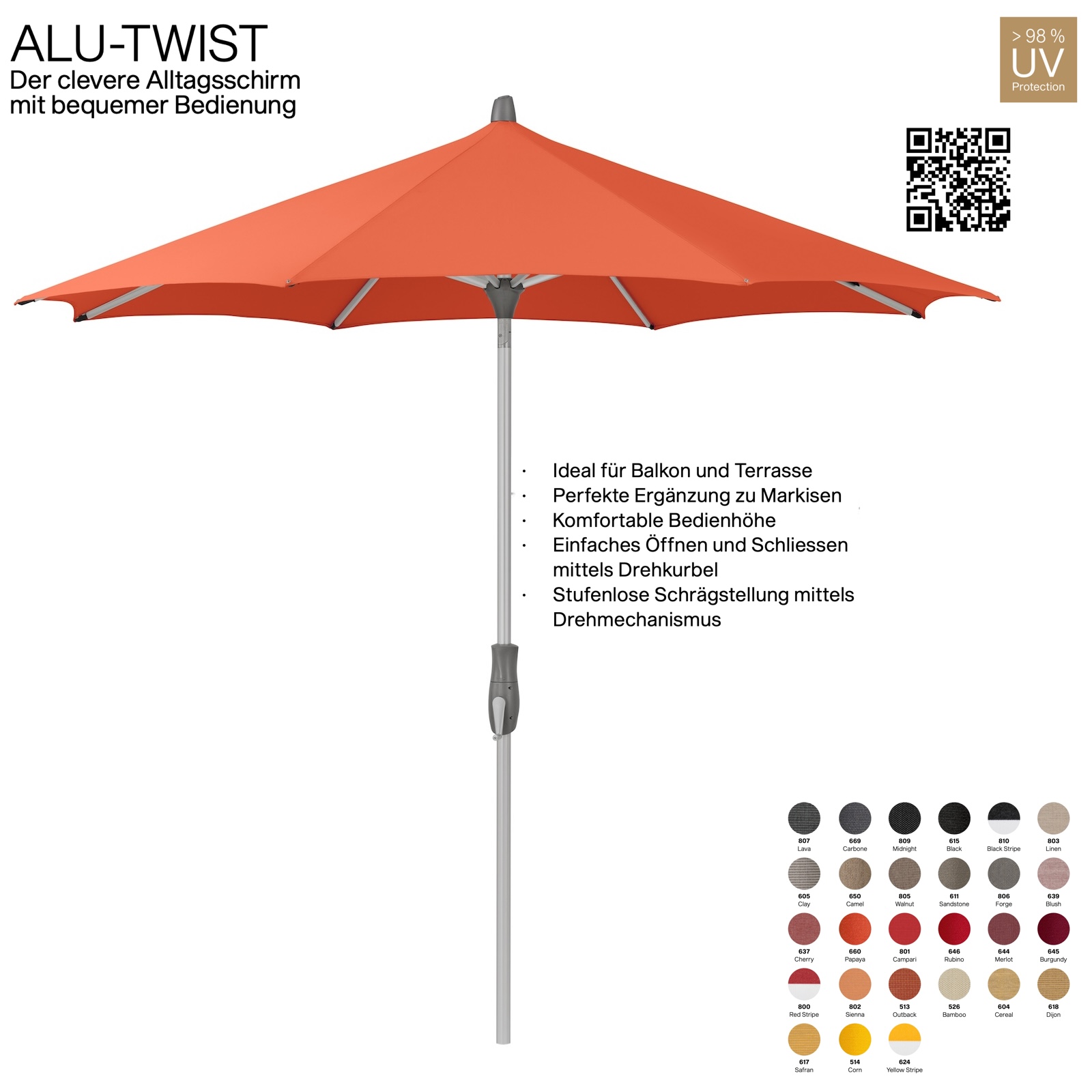 GLATZ Sonnenschirm ALU-TWIST rund ø 300 cm Gestell natureloxiert Stoff 100 % Polyacryl verschiedene Farben