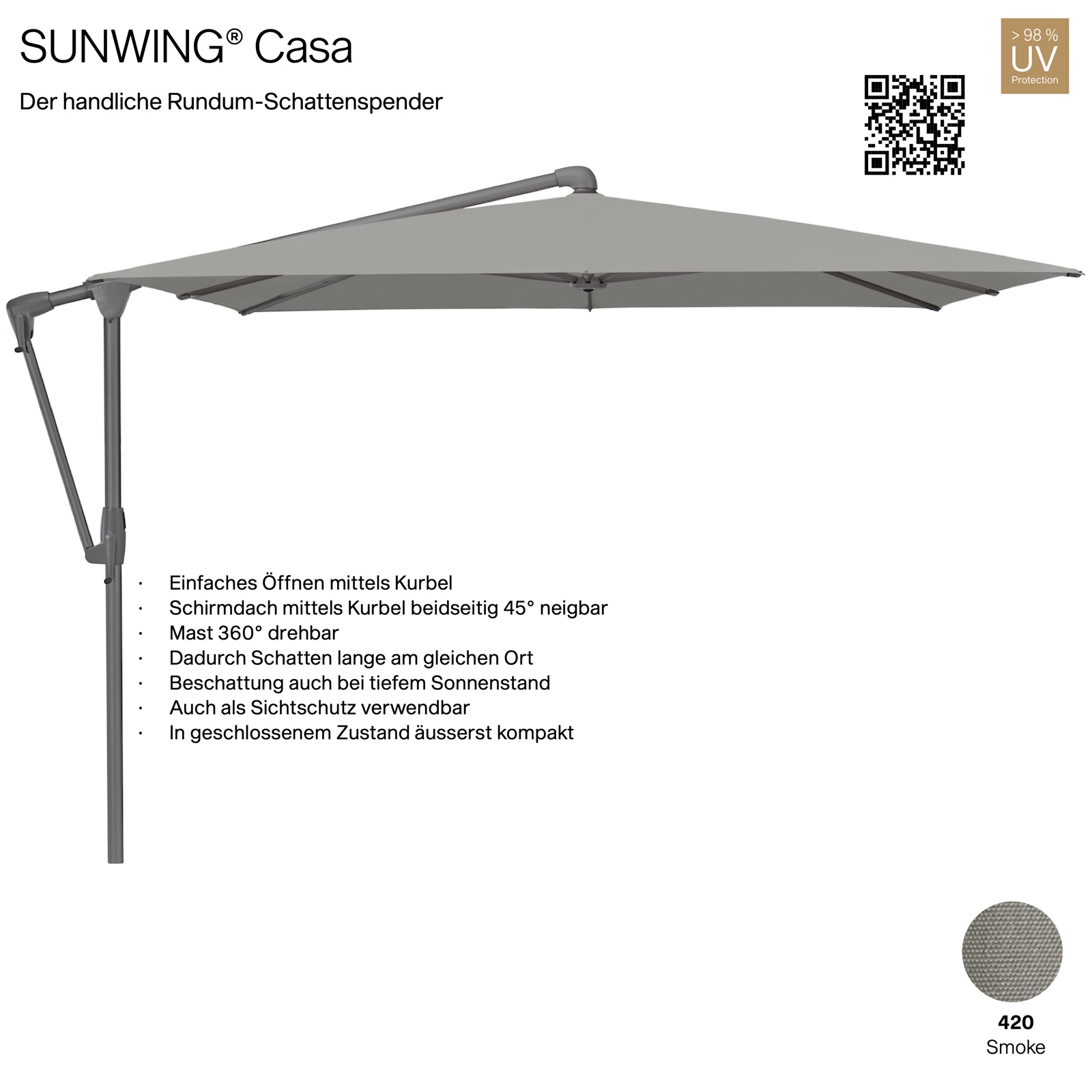 GLATZ Sonnenschirm SUNWING® CASA quadratisch 270 x 270 cm Gestell anthrazit Farbe 420 Smoke Ampelschirm