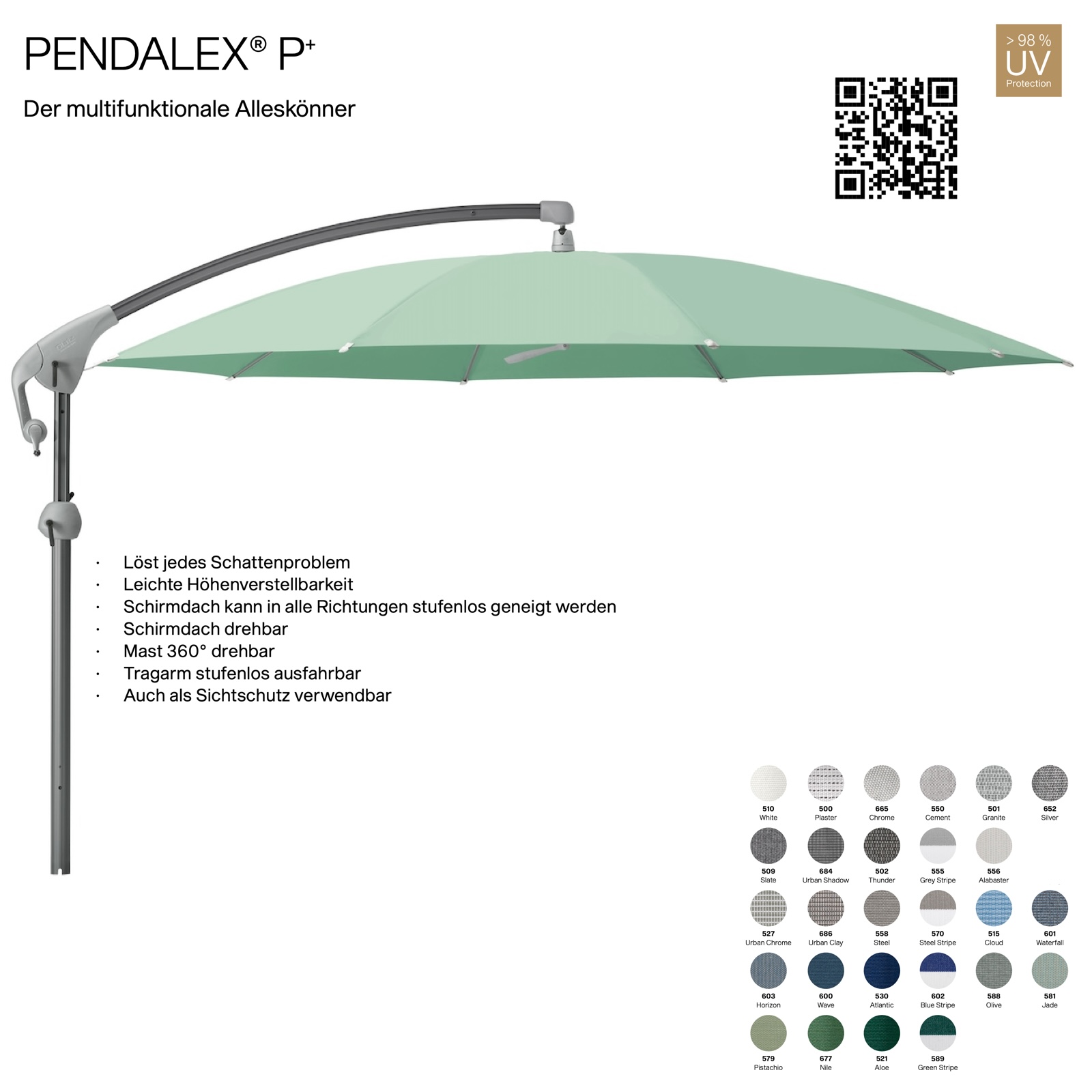 GLATZ Sonnenschirm PENDALEX® P+ rund ø 350 cm Stoffklasse 5 in 27 Farben wählbar Seitenmast
