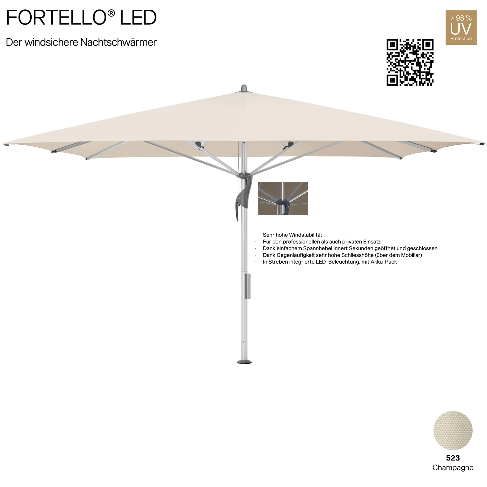 GLATZ Sonnenschirm FORTELLO® quadratisch 300 x 300 cm Farbe 523 Champagne 100 % Polyacryl inkl. Akku-Pack