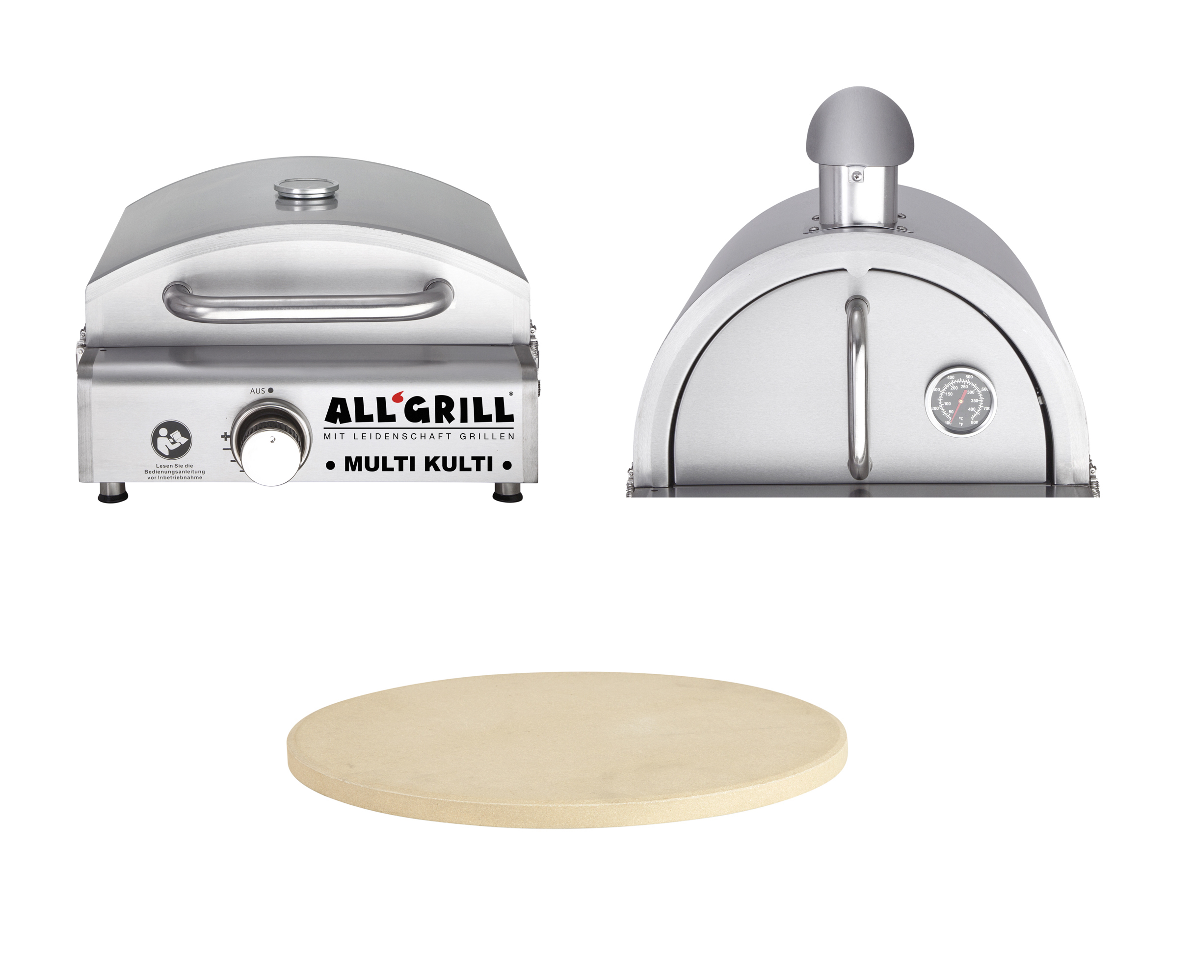 Allgrill MULTI-KULTI Set 3 zündgesichert - Gasgrill + Pizzahaube + Pizzastein Ø 31 cm
