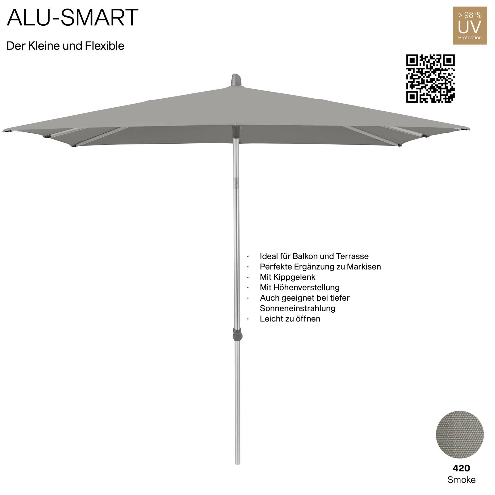 GLATZ Sonnenschirm ALU-SMART 250 x 200 cm Gestell natureloxiert Farbe 420 Smoke