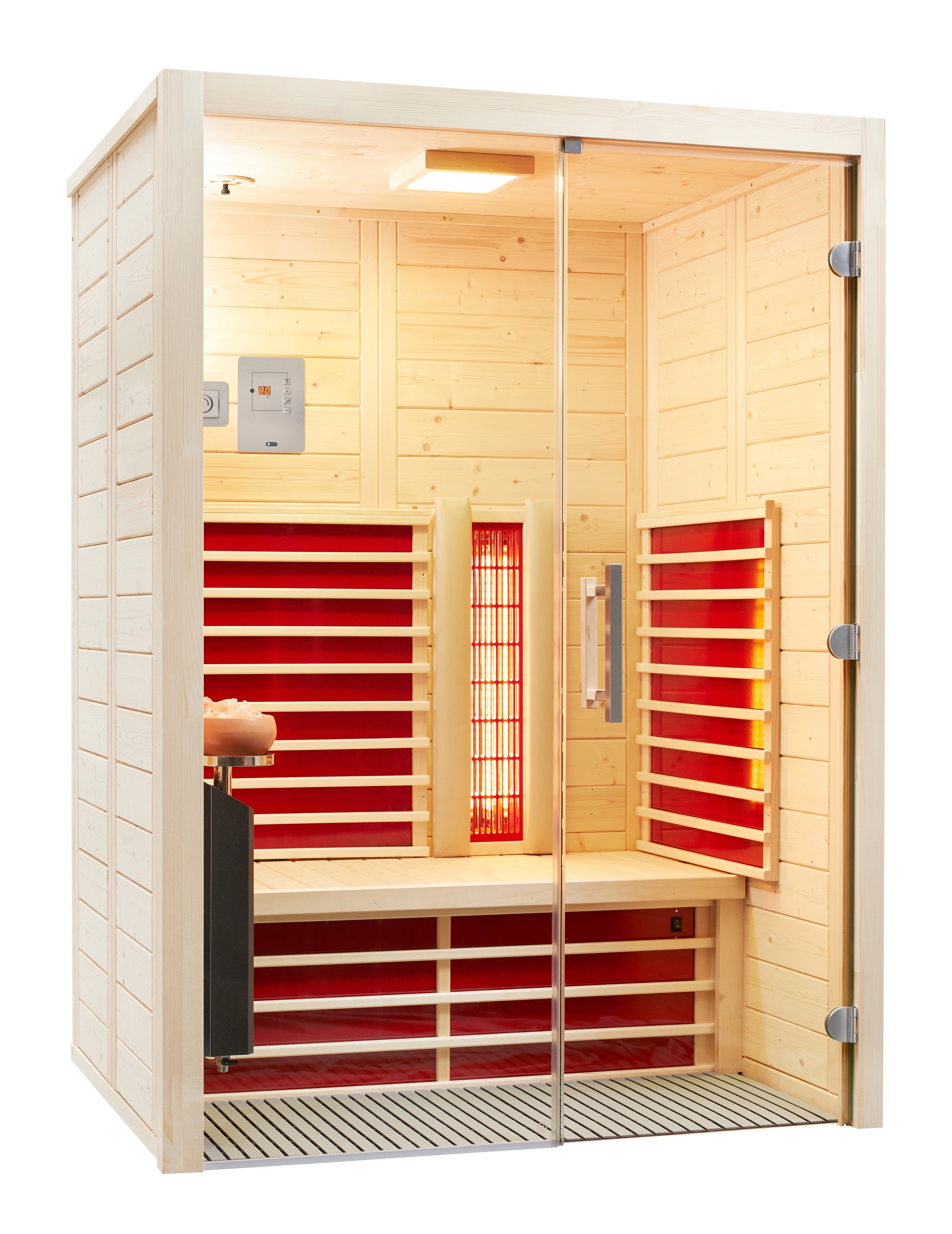 Infraworld Infrarotkabine TrioSol Natura 147 Glas Fichte 147x104 cm mit ABC-Strahler Salzverdampfer