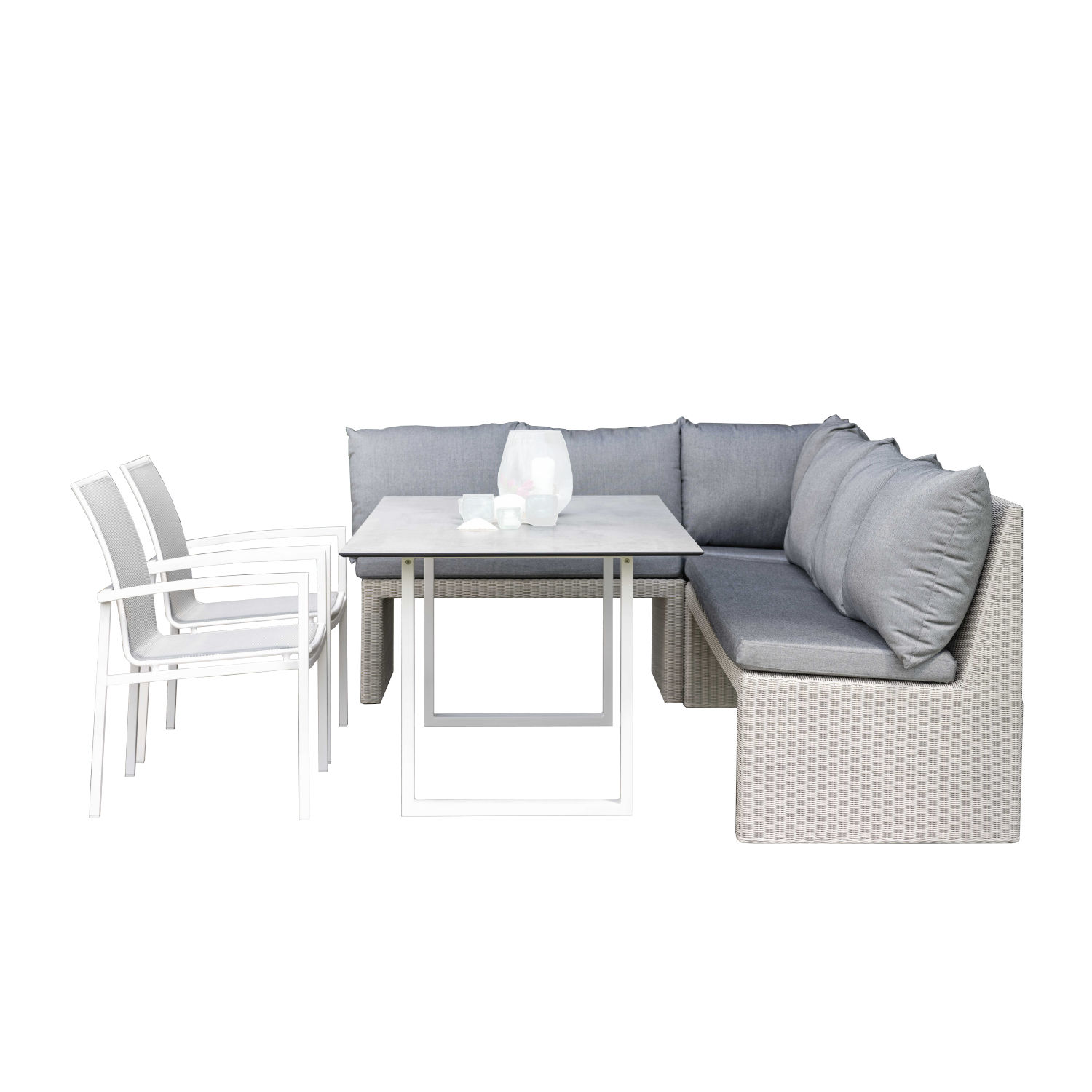 Stern 6-teilige Dining-Sitzgruppe Noel & Skelby Geflecht Vintage weiß/seidengrau mit Kufentisch 160x90 cm
