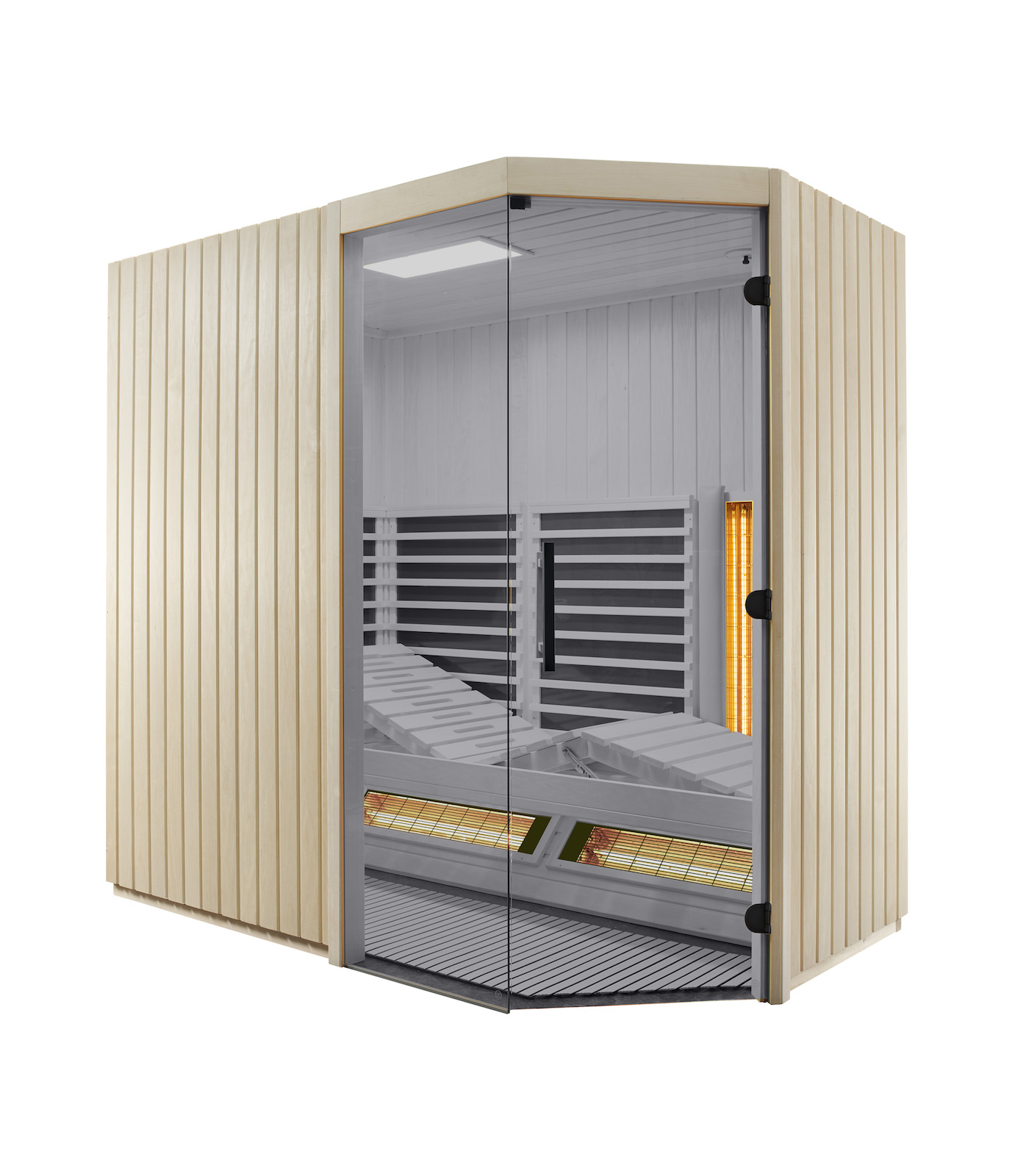 Infraworld Infrarotkabine TrioSol Sera mit Grauglas aus Tanne 214x128x203cm Eckeinstieg links