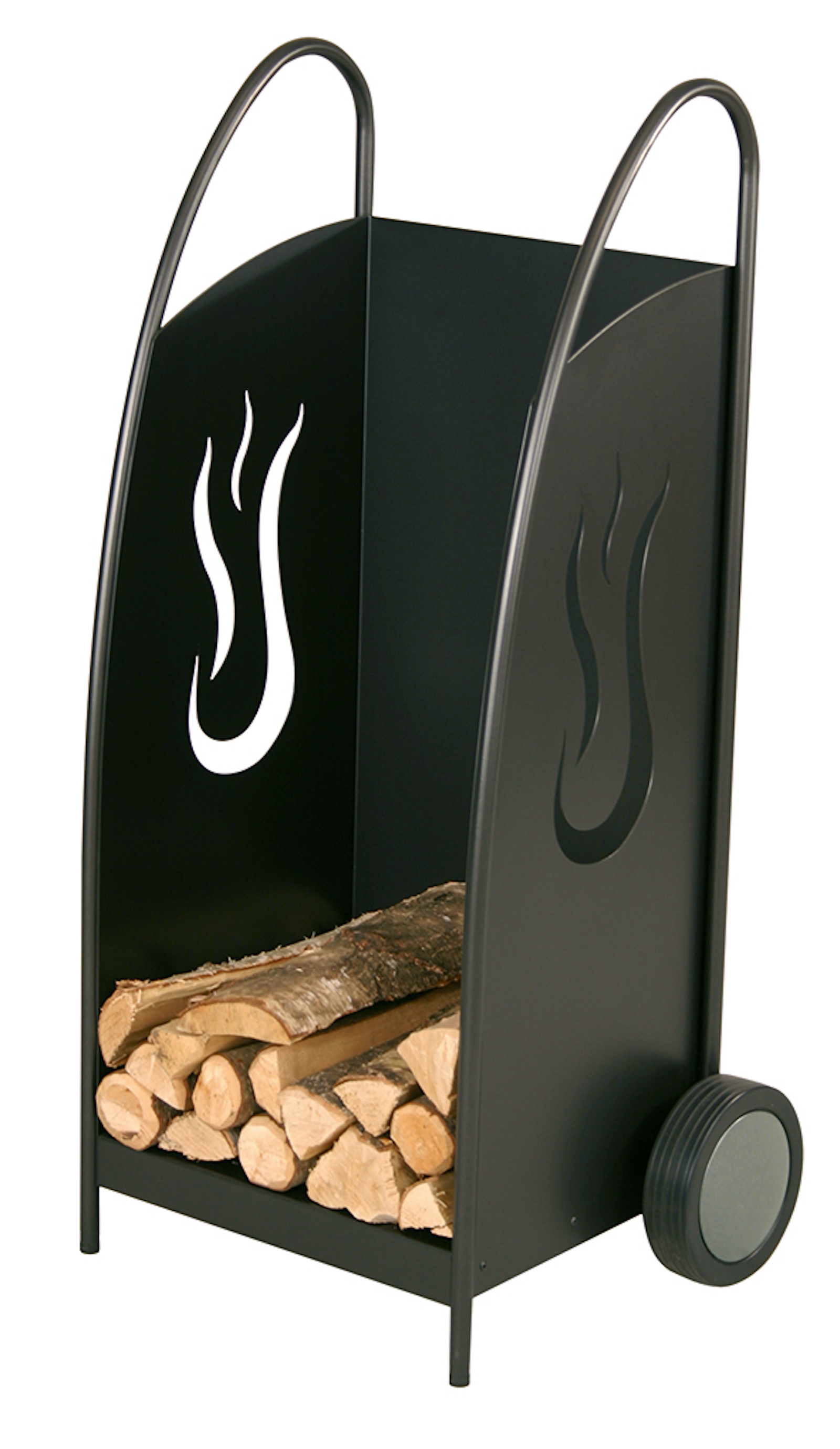 Heibi Holzwagen aus Stahl schwarz glimmer Flammendesign 55x42x105 cm Kaminholzwagen