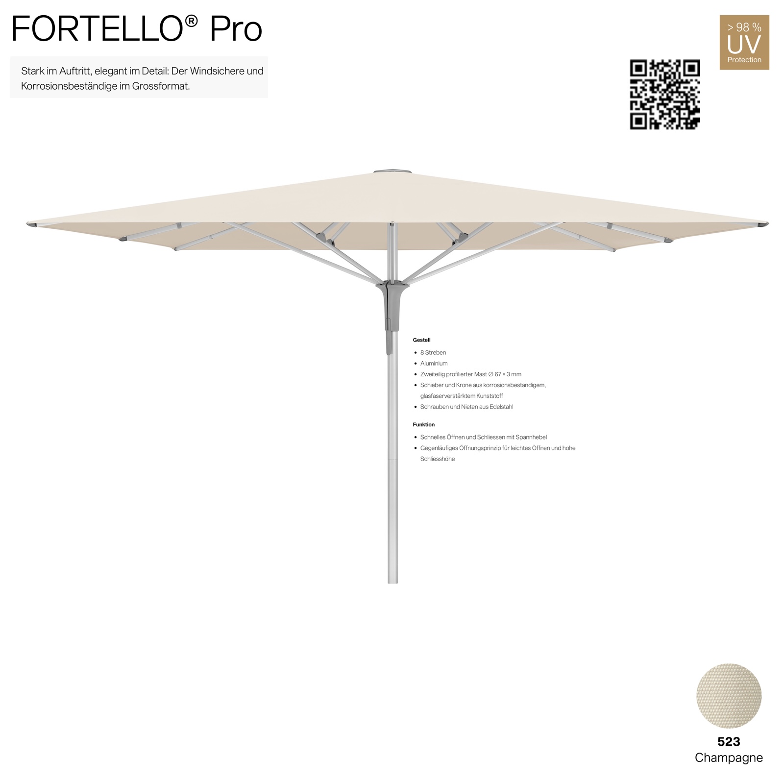 GLATZ Sonnenschirm FORTELLO® Pro quadratisch 350 x 350 cm Farbe 523 Champagne Mittelmastschirm