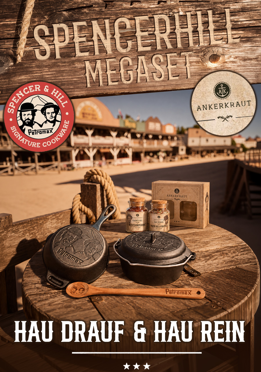 Bud Spencer & Terence Hill Set Petromax Gusspfanne, Dutch Oven, Holzlöffel + Ankerkraut Gewürze