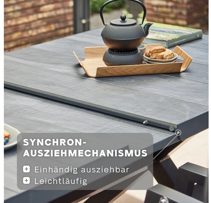 Siena Garden  Sincro Dining Tisch, ausziehbar – 200/260 x 100 cm, Aluminium (matt anthrazit) & HPL Titan