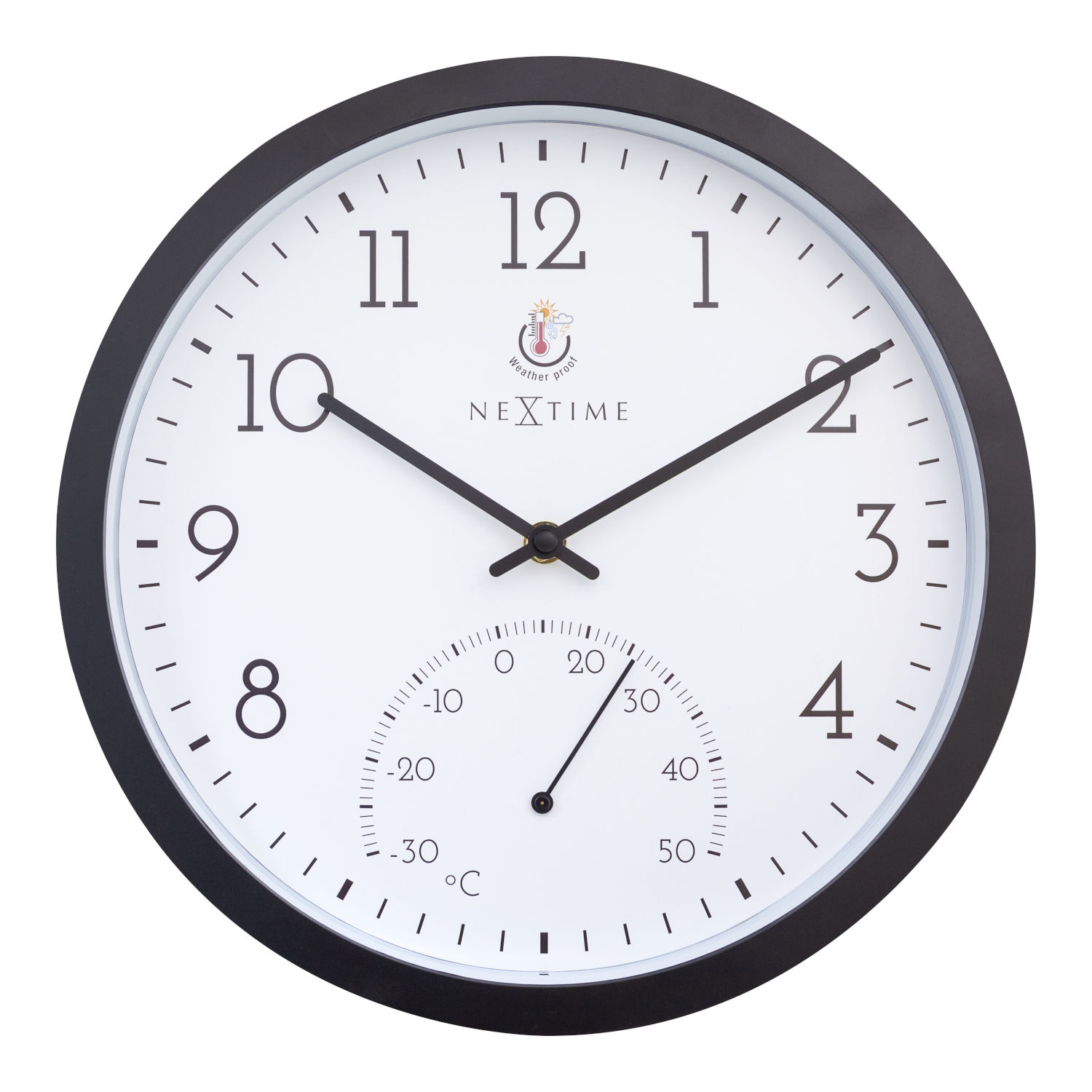 NeXtime Wanduhr Marigold Kunststoff schwarz Ø 30,5 cm Innen/Außen Thermometer