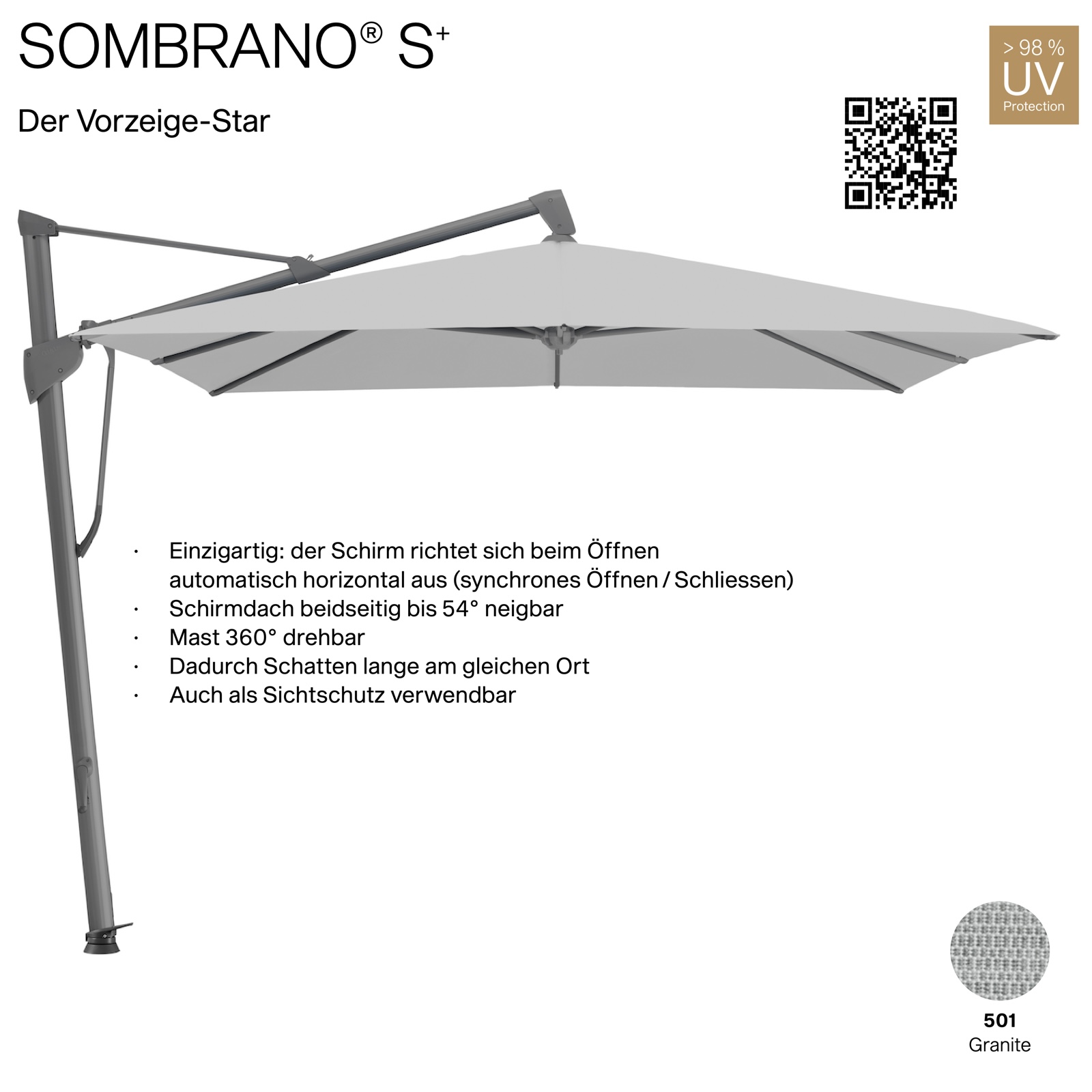 GLATZ Ampelschirm SOMBRANO® S+ quadratisch 300 x 300 cm Freiarmschirm Farbe 501 Granite
