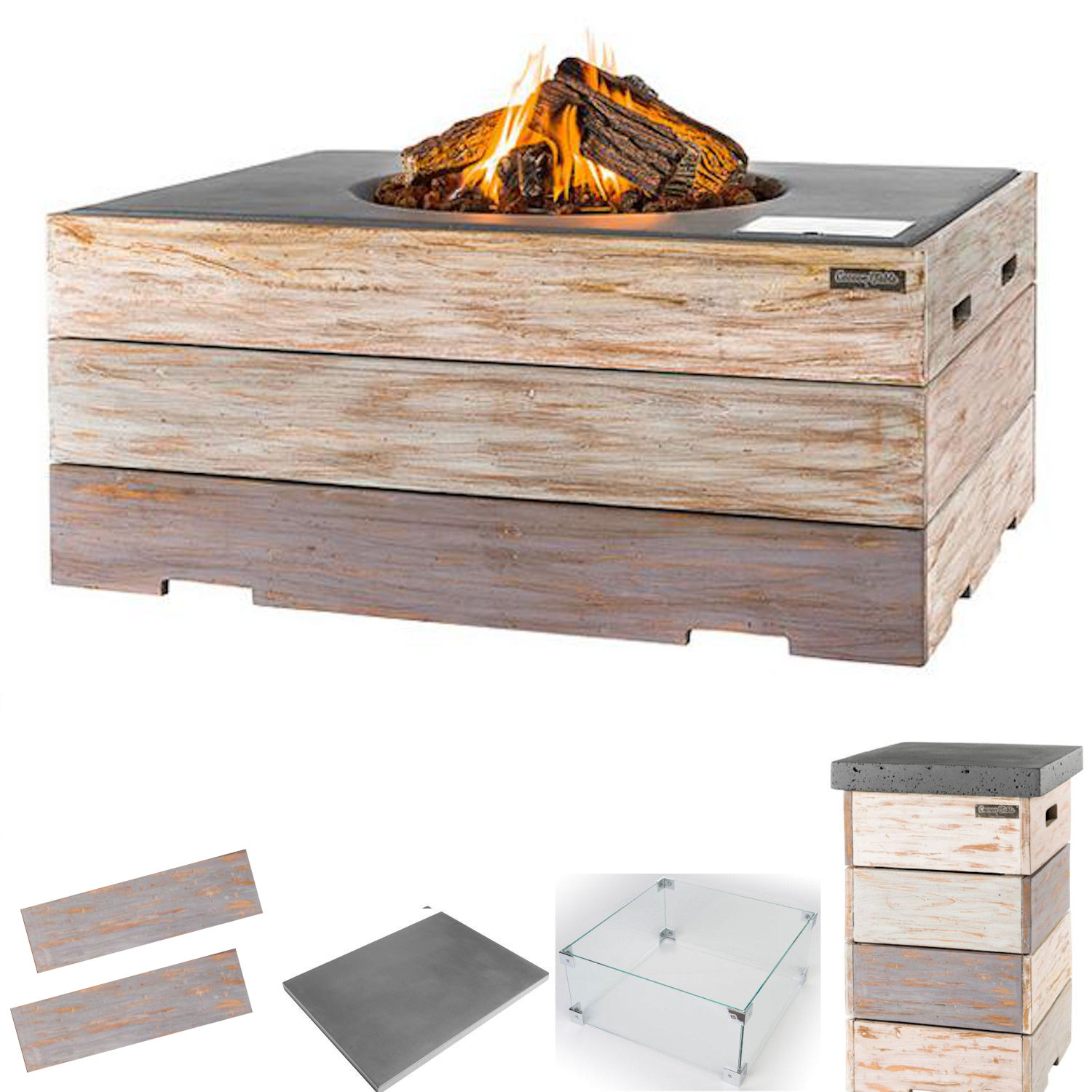 Happy Cocooning Mania Feuertisch Komplettset 19,5 kW rechteckig 107x80x46 cm Teakholz Nice&Nasty/grau