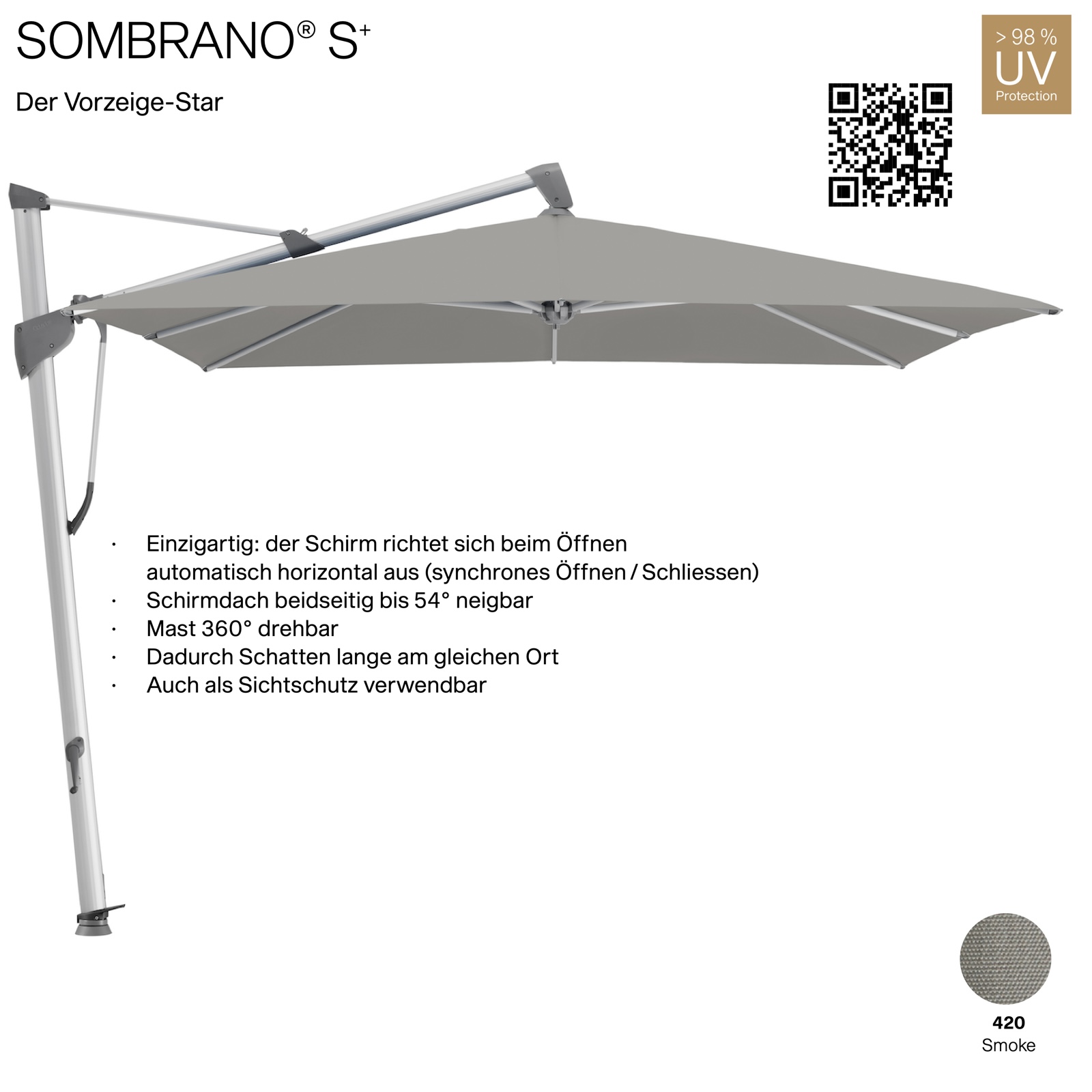 GLATZ Ampelschirm SOMBRANO® S+ quadratisch 350 x 350 cm Freiarmschirm Farbe 420 Smoke