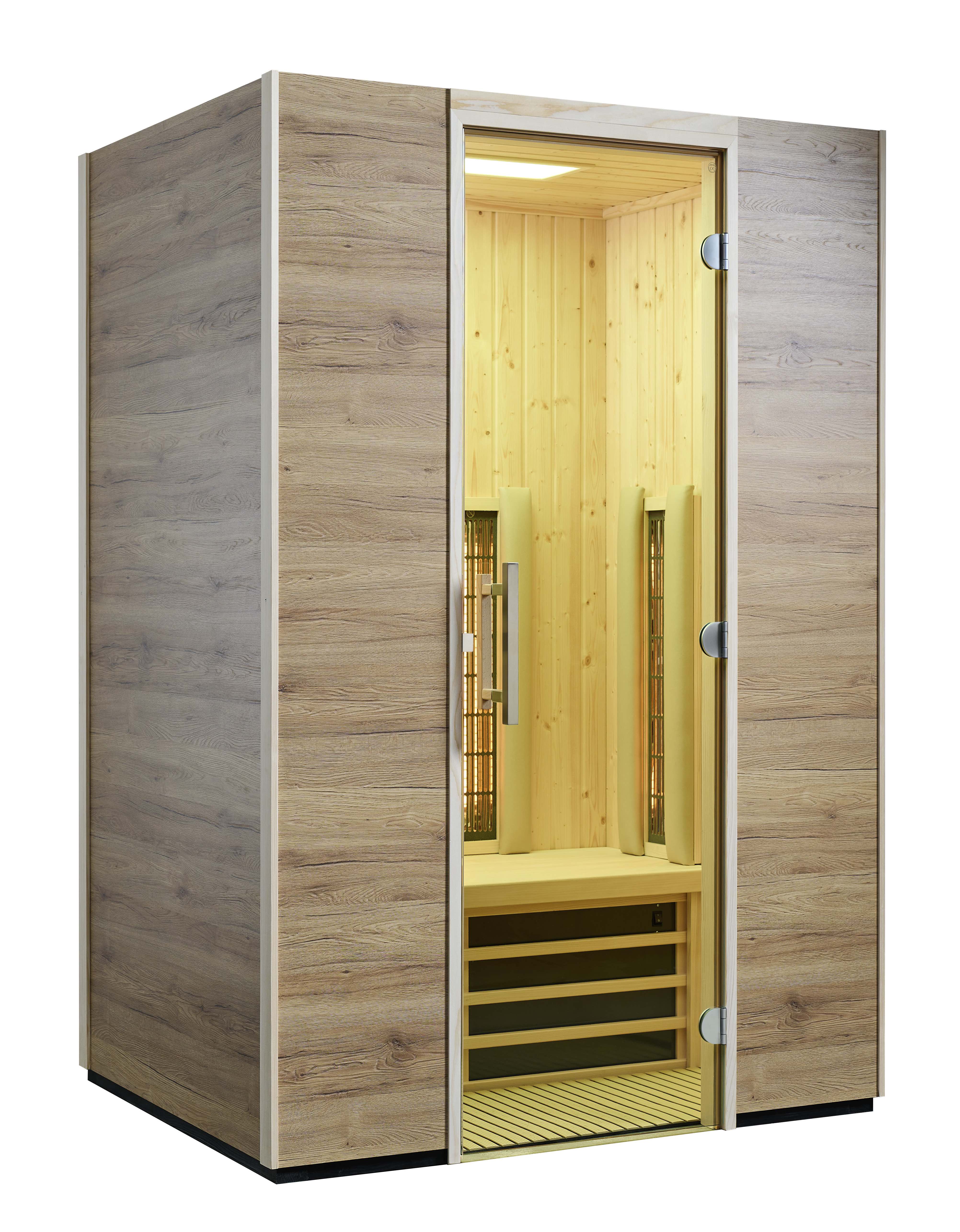 Infraworld Infrarotkabine TrioSol Basel 125 Eiche Dekor 125x115cm mit 2 ABC-Strahler Salzverdampfer