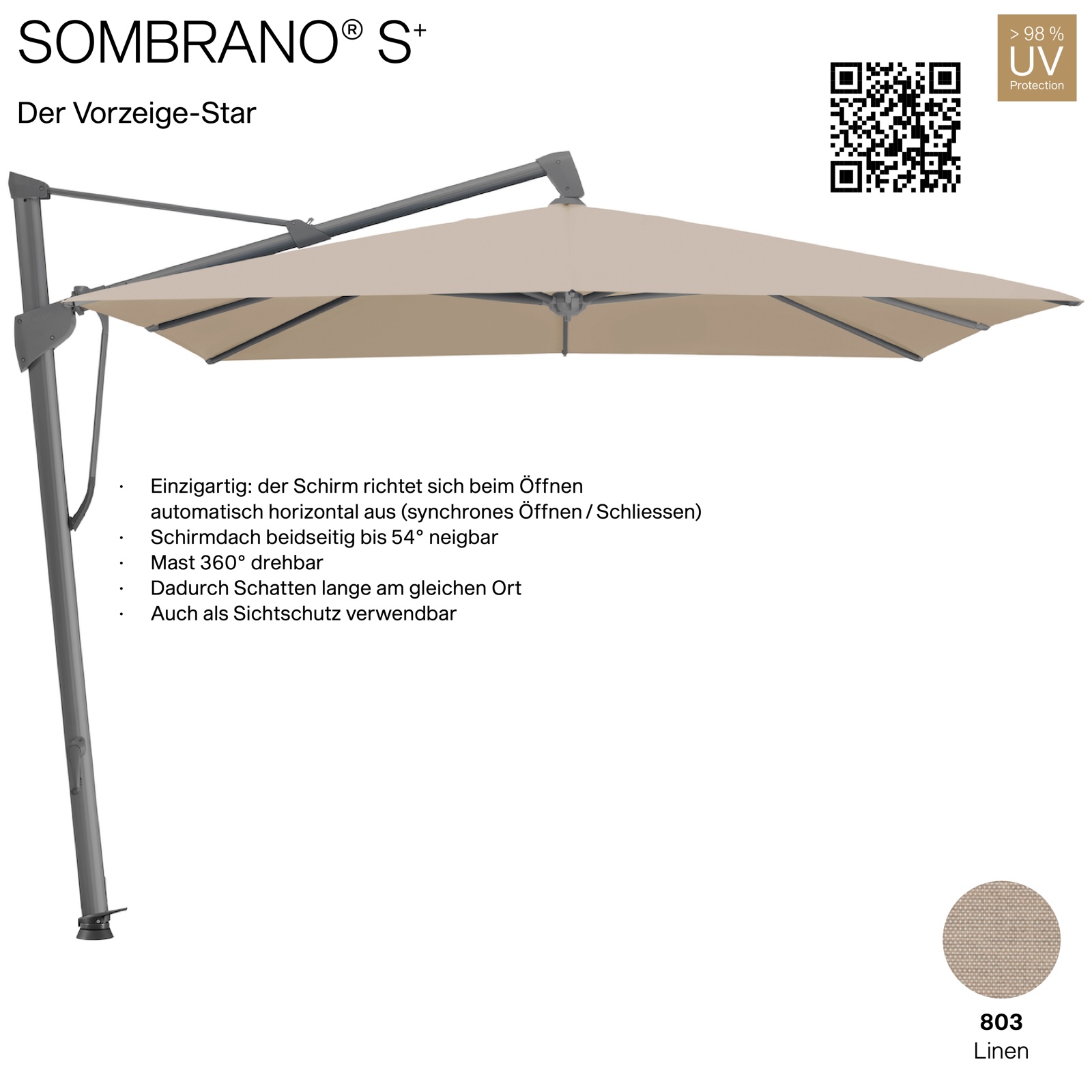GLATZ Ampelschirm SOMBRANO® S+ quadratisch 300 x 300 cm Freiarmschirm Farbe 803 Linen