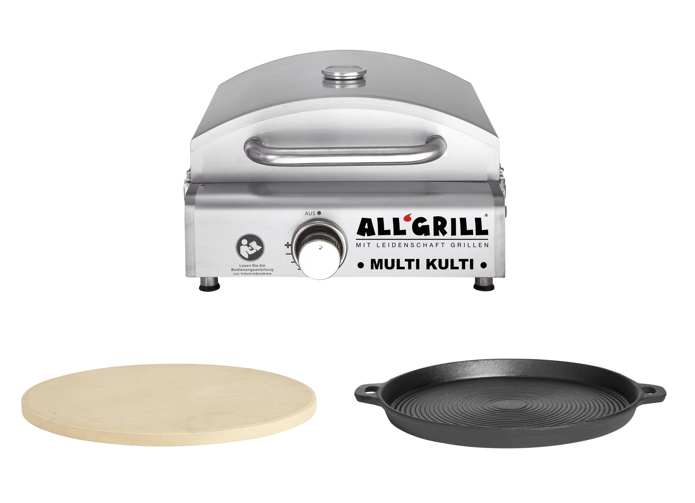 Allgrill MULTI-KULTI Set 1 zündgesichert - Gasgrill + Pizzastein + Gusspfanne