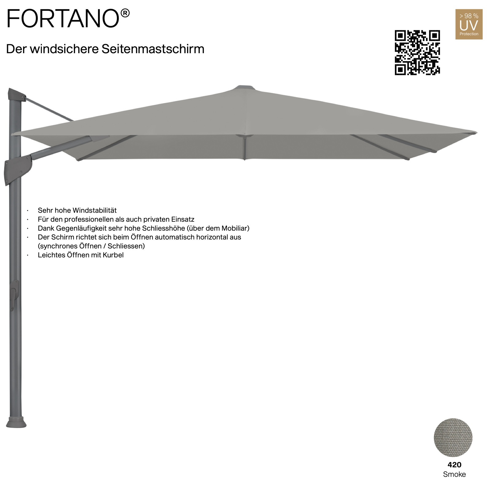 GLATZ Sonnenschirm FORTANO® Ampelschirm 300 x 300 cm Freiarmschirm Farbe 420 Smoke