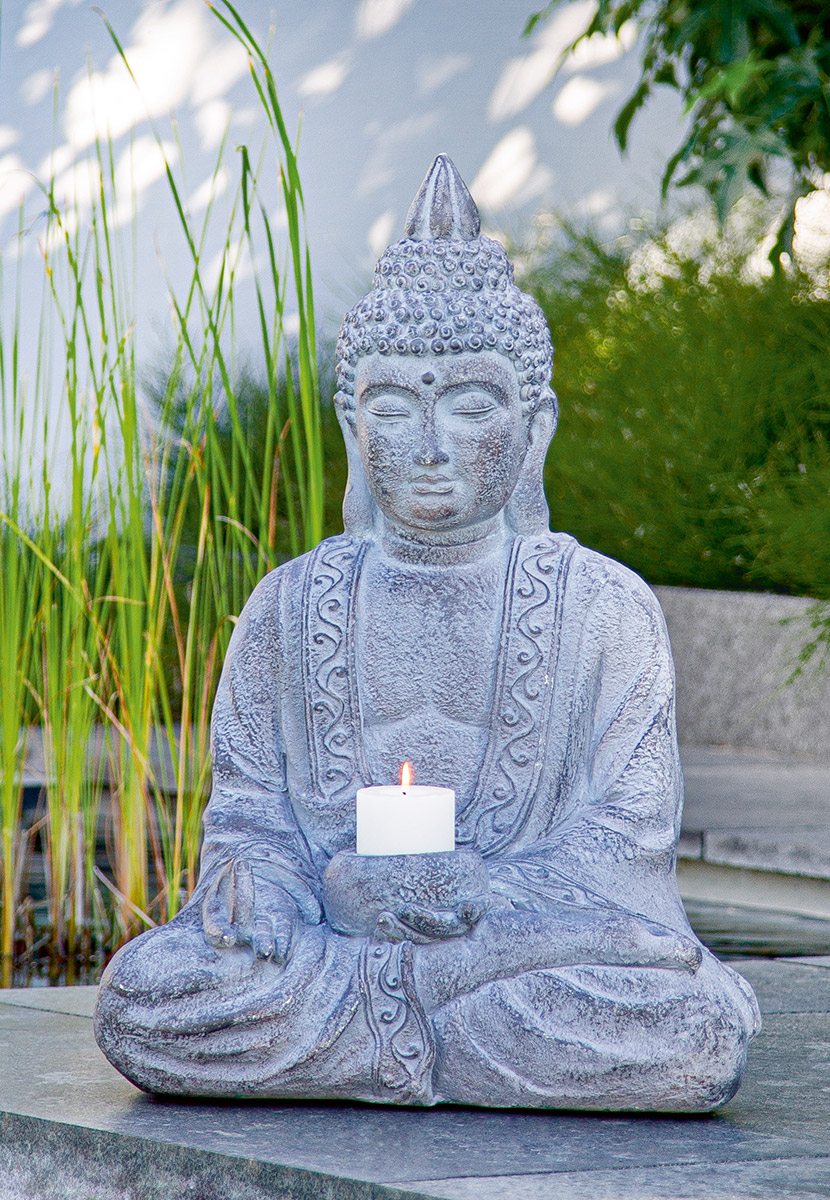 GILDE Figur, Kerzenleuchter, Buddha, "Buddha", Magnesia, grau, VE 1, L. 29 cm, B. 46 cm, H. 67 cm