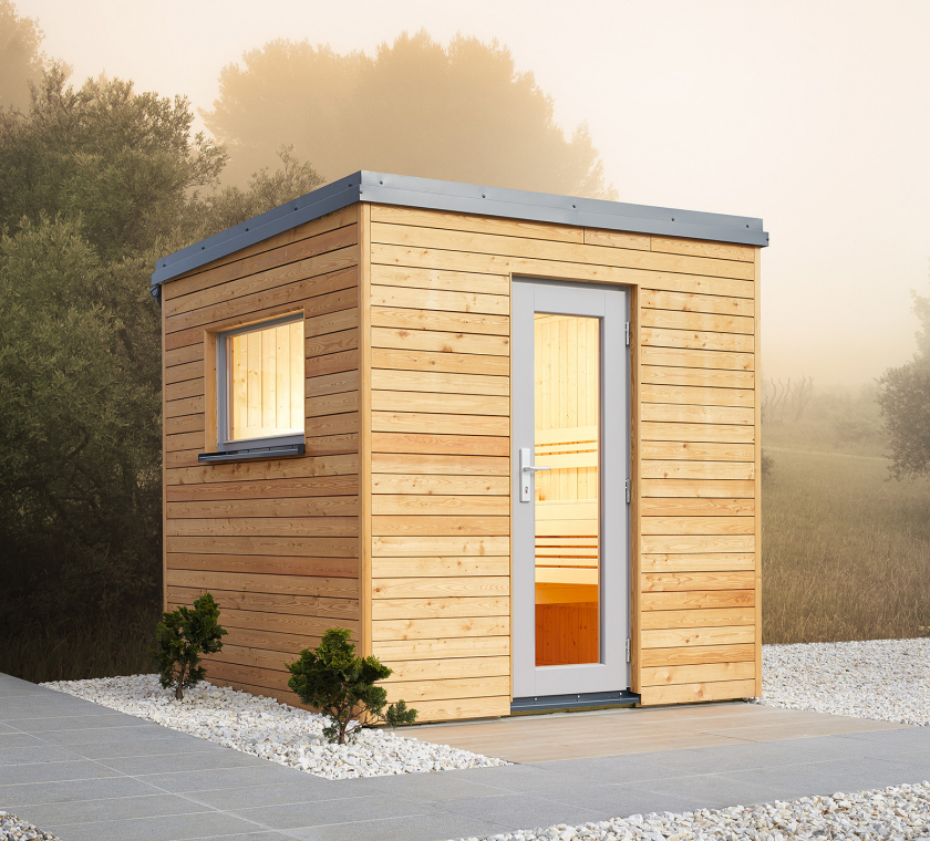 Infraworld Luna 1 Außensauna mit Lärche-Fassadenprofile versch. Fenstergrößen und Inneneinrichtung