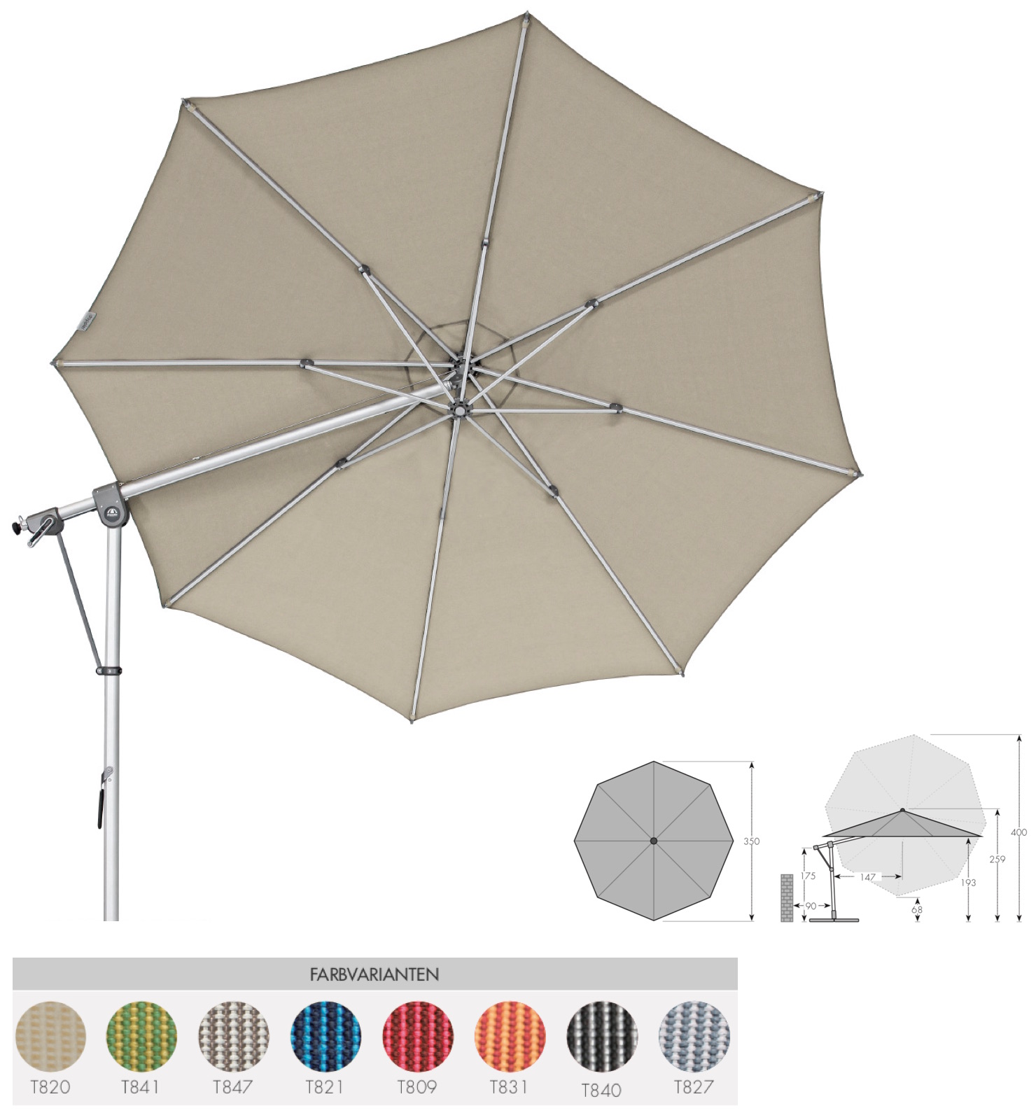 Doppler Expert 350 Pendelschirm Sonnenschirm 8 Farbvarianten Ampelschirm 438247