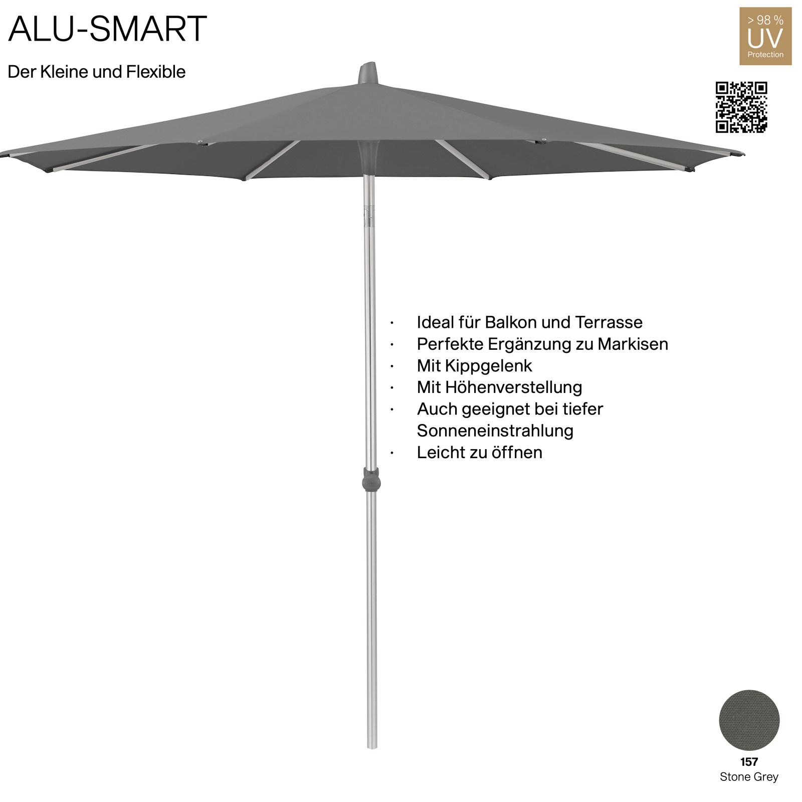 GLATZ Sonnenschirm ALU-SMART rund ø 300 cm Gestell natureloxiert Farbe 157 Stone Grey Mittelstock