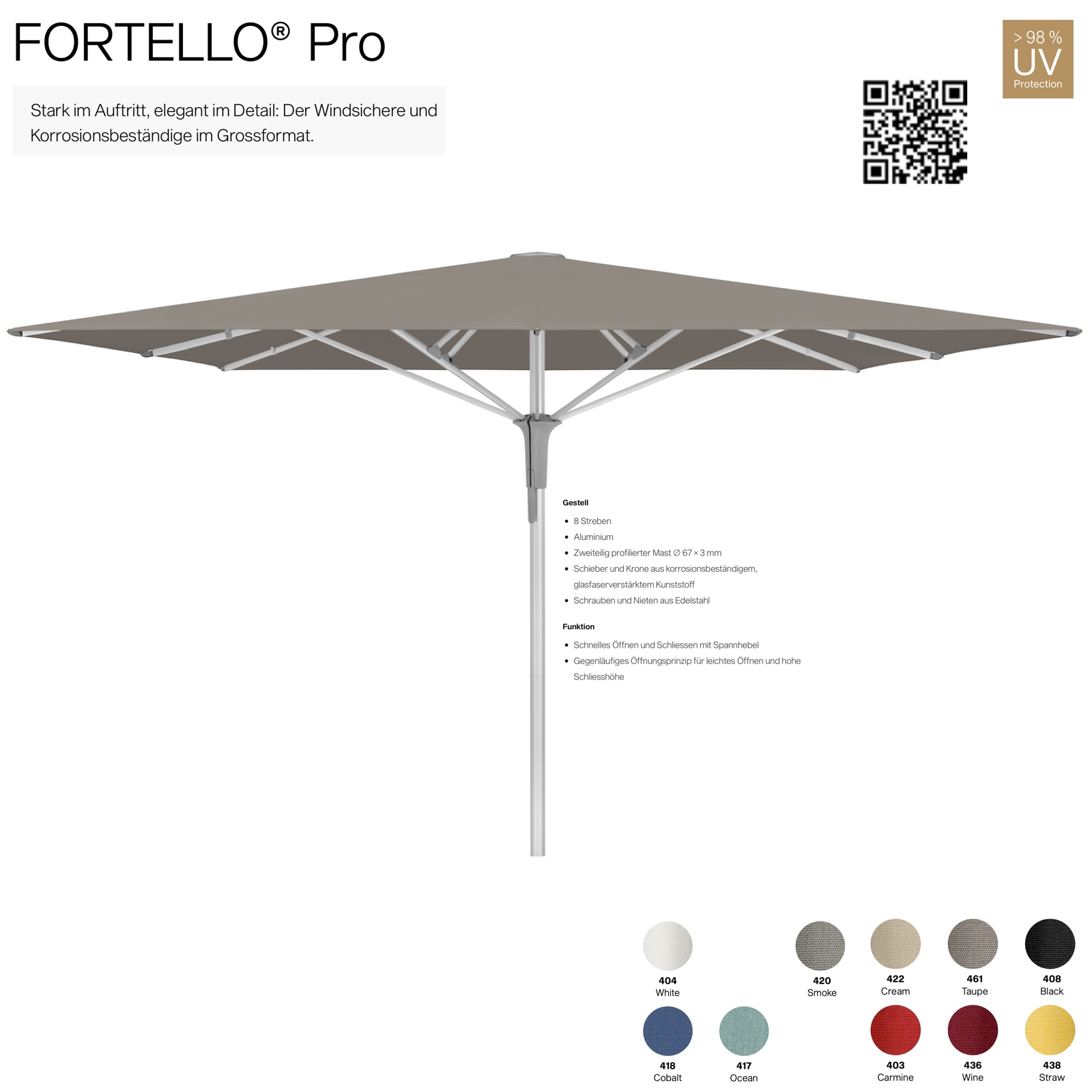 GLATZ Sonnenschirm FORTELLO® Pro quadratisch 400 x 400 cm Mittelmastschirm in 10 Farbvarianten