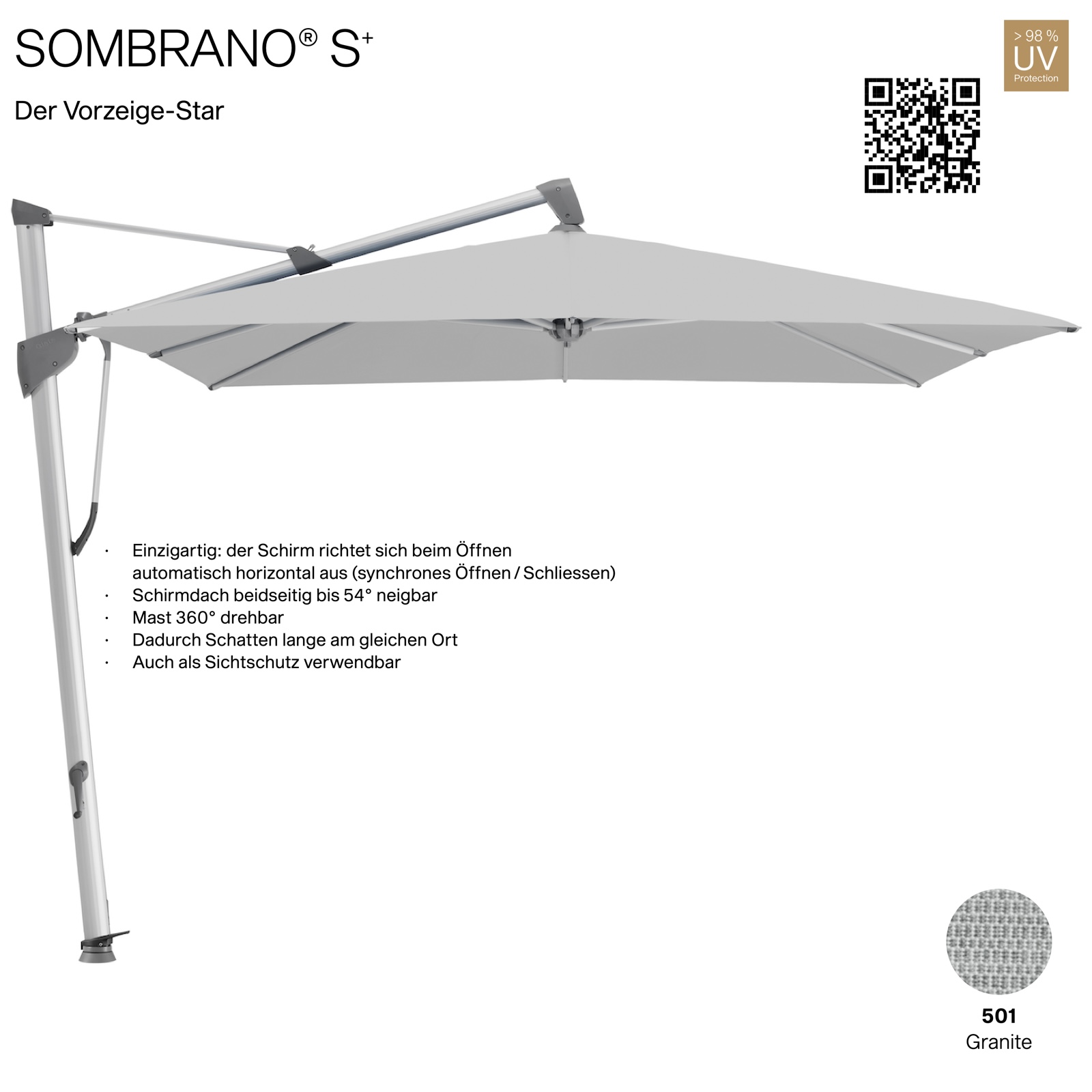 GLATZ Ampelschirm SOMBRANO® S+ quadratisch 300 x 300 cm Freiarmschirm Farbe 501 Granite