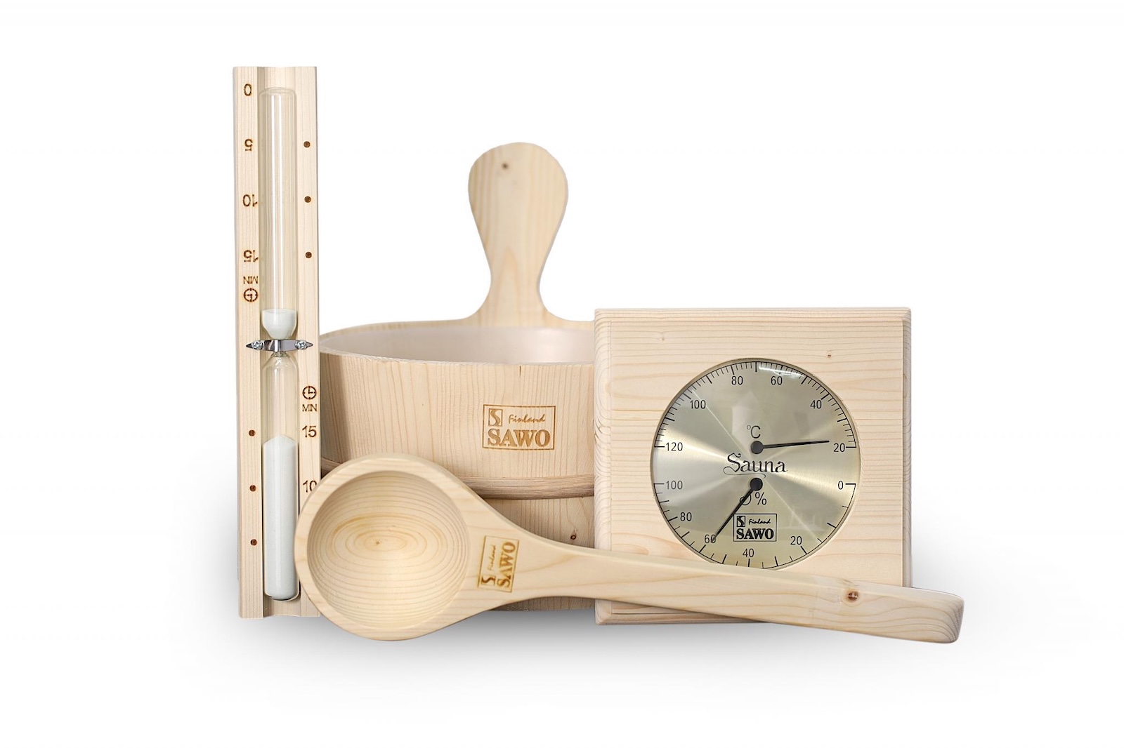 SAWO Saunazubehör-Set 5-teilig Saunazubehörset Kübel Kelle Sanduhr Thermohygrometer