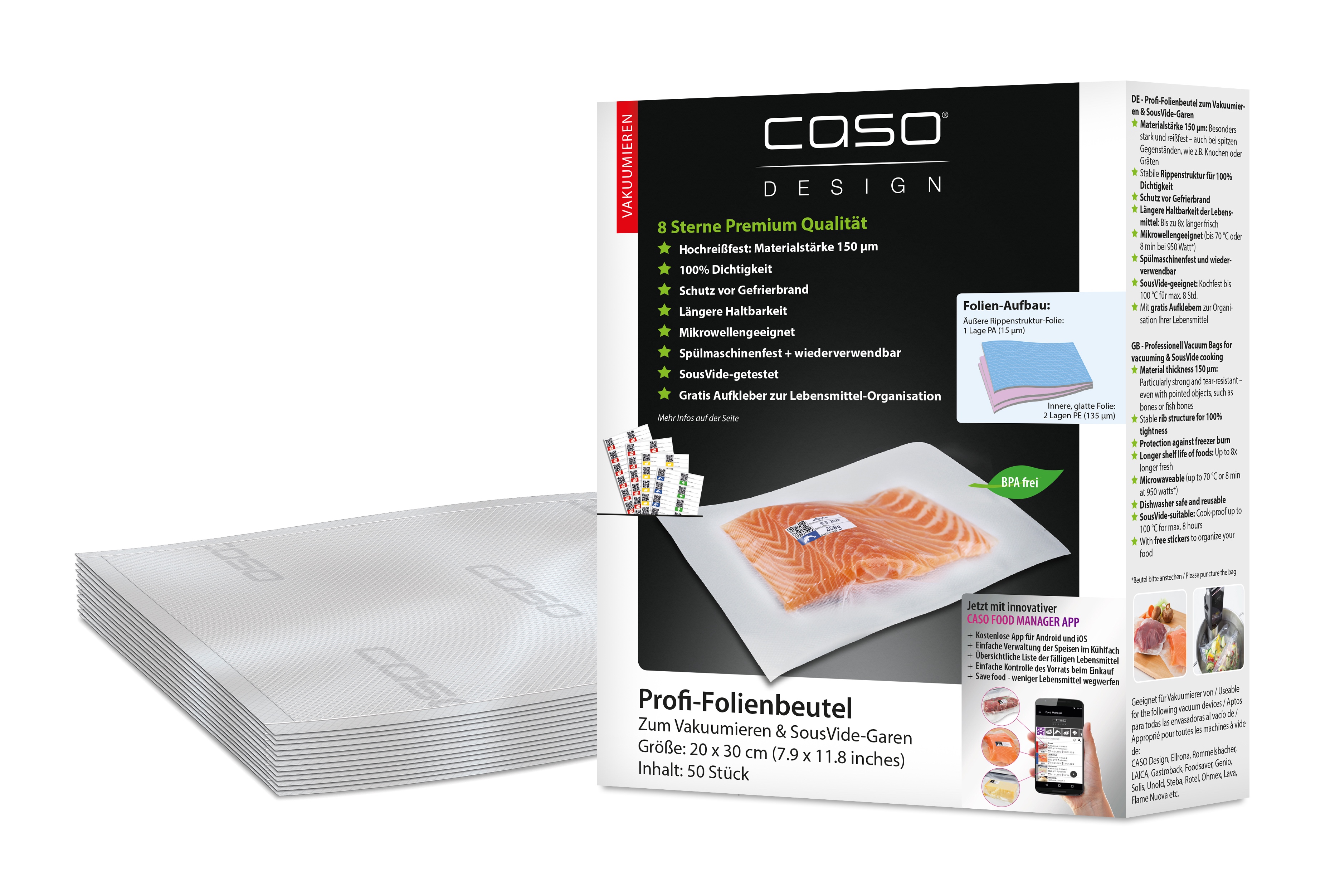Caso Design Profi-Folienbeutel 20 x 30 cm 50 Stück für Vakuumiersysteme und Sous Vide