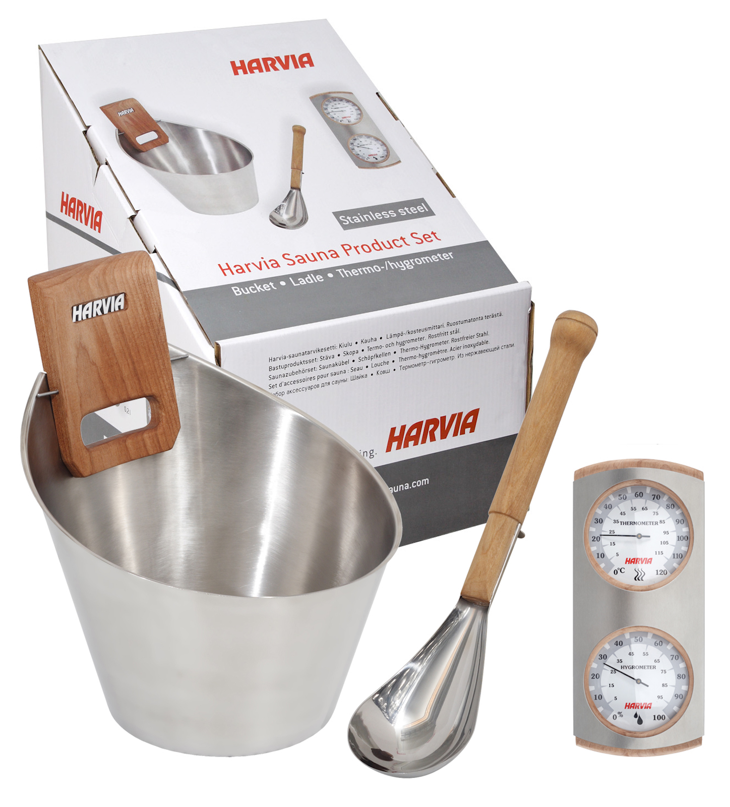 Harvia Zubehörpaket SA006 Saunakübel Schöpfkelle Thermometer Edelstahl Sauna Set