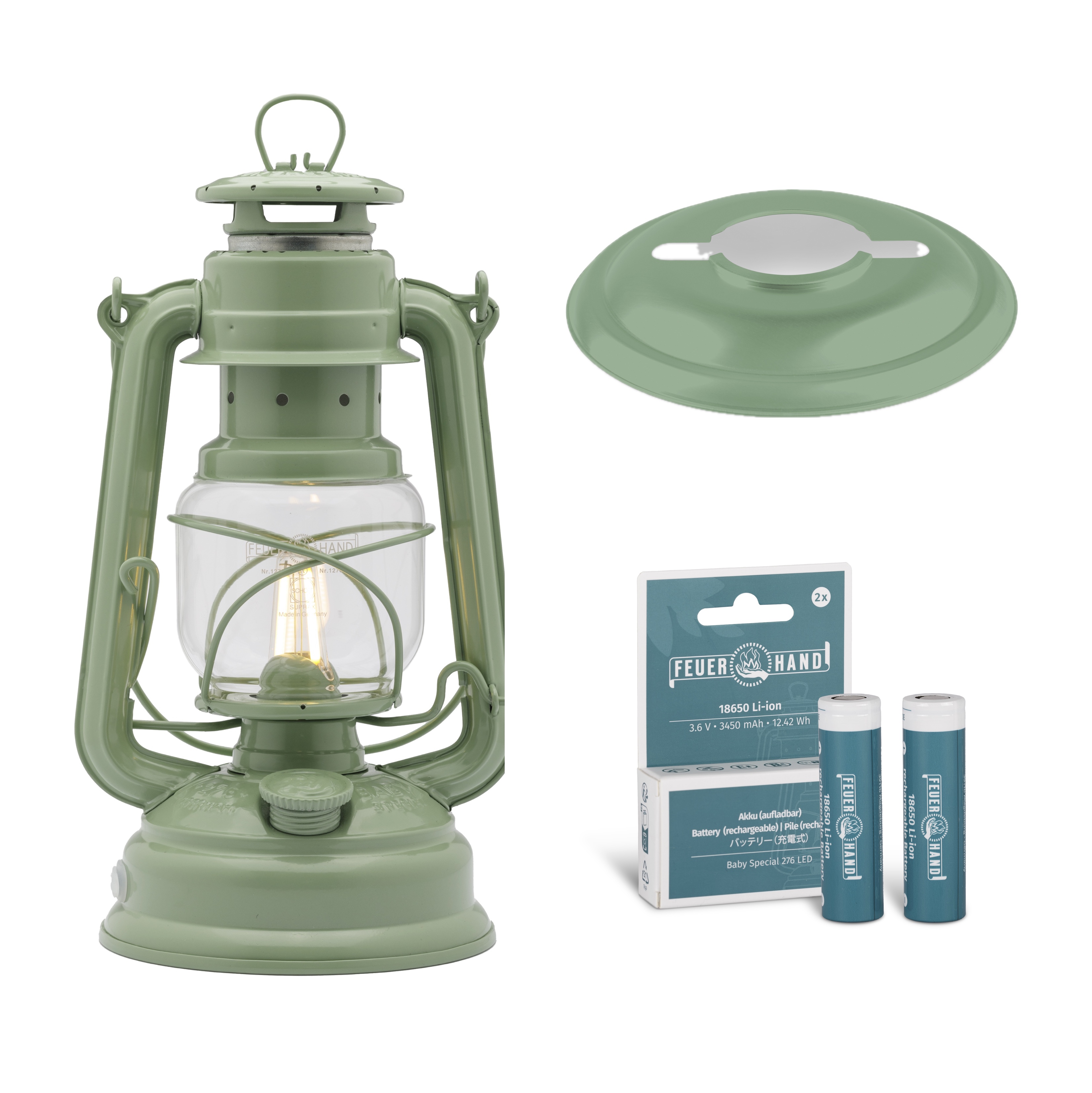 Feuerhand LED Laterne Baby Special 276 Sage Green Set inkl. Akku und Reflektorschirm