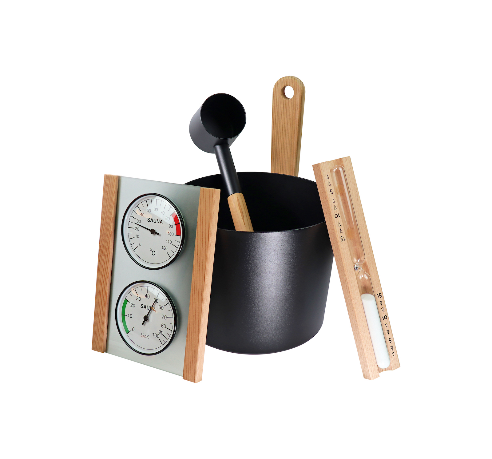 Infraworld Saunaset Nova 4tlg. Aufgusseimer Saunakelle Klimamessstation Sanduhr
