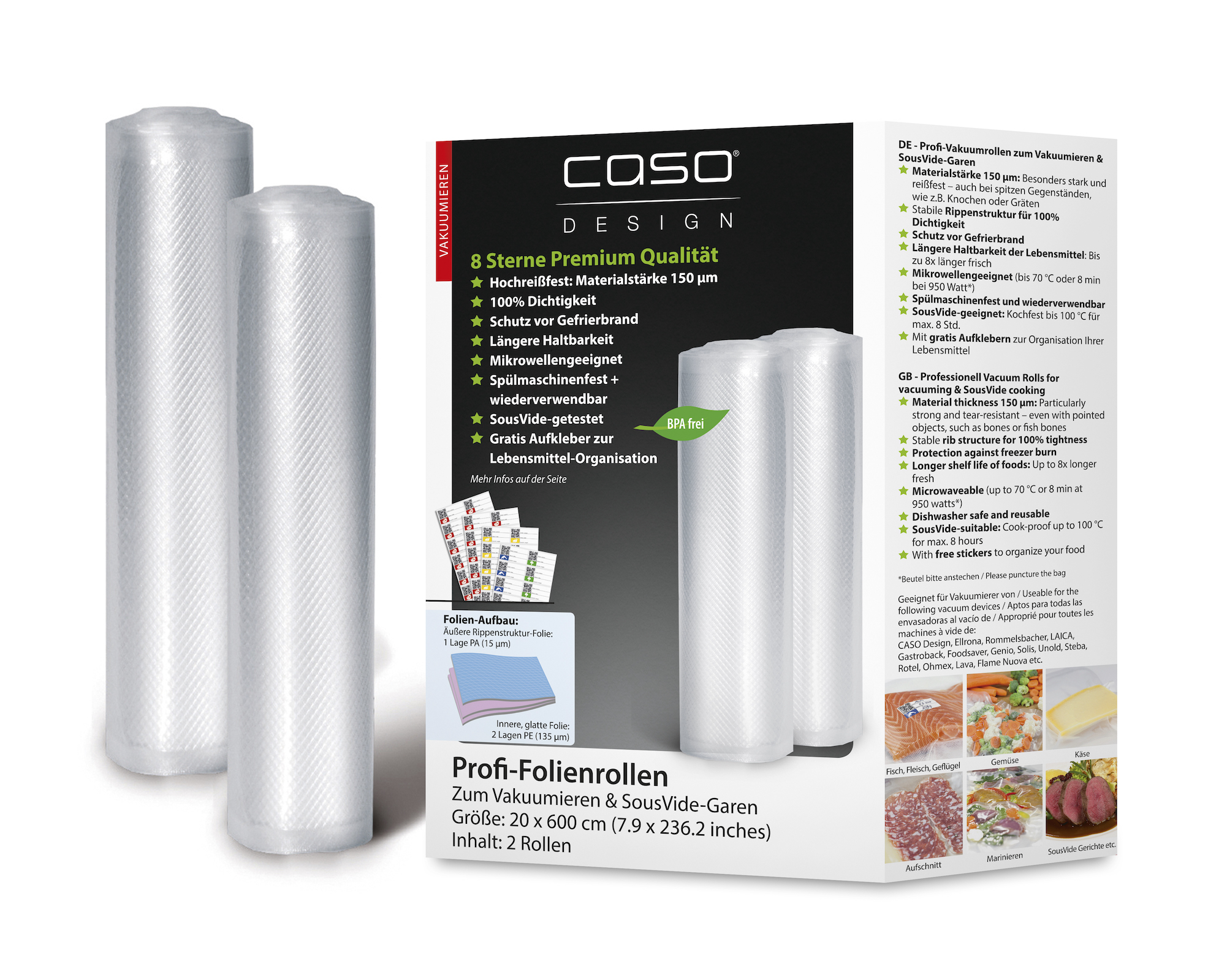 Caso Design Profi-Folienrollen 20 x 600 cm 2 Stück für Vakuumiersysteme und Sous Vide