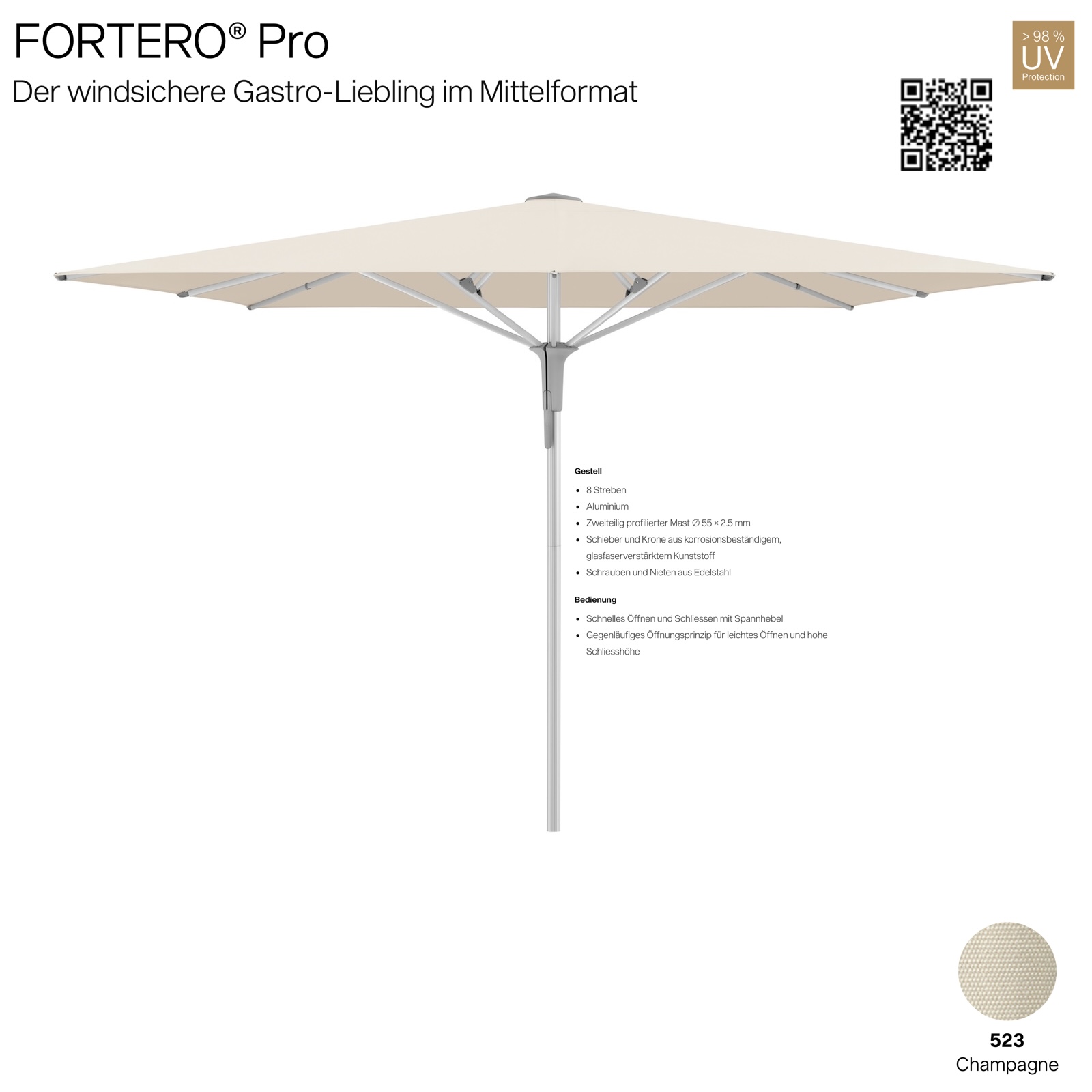 GLATZ Sonnenschirm FORTERO® Pro quadratisch 300 x 300 cm Farbe 523 Champagne 100 % Polyacryl Mittelstock