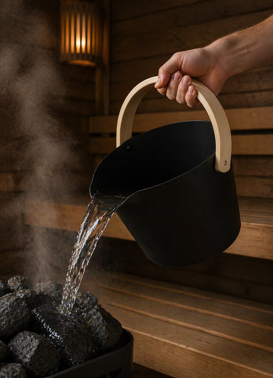 Nikkarien Saunakübel 6 l Aufgusskübel in Schwarz aus Aluminium mit Holzgriff